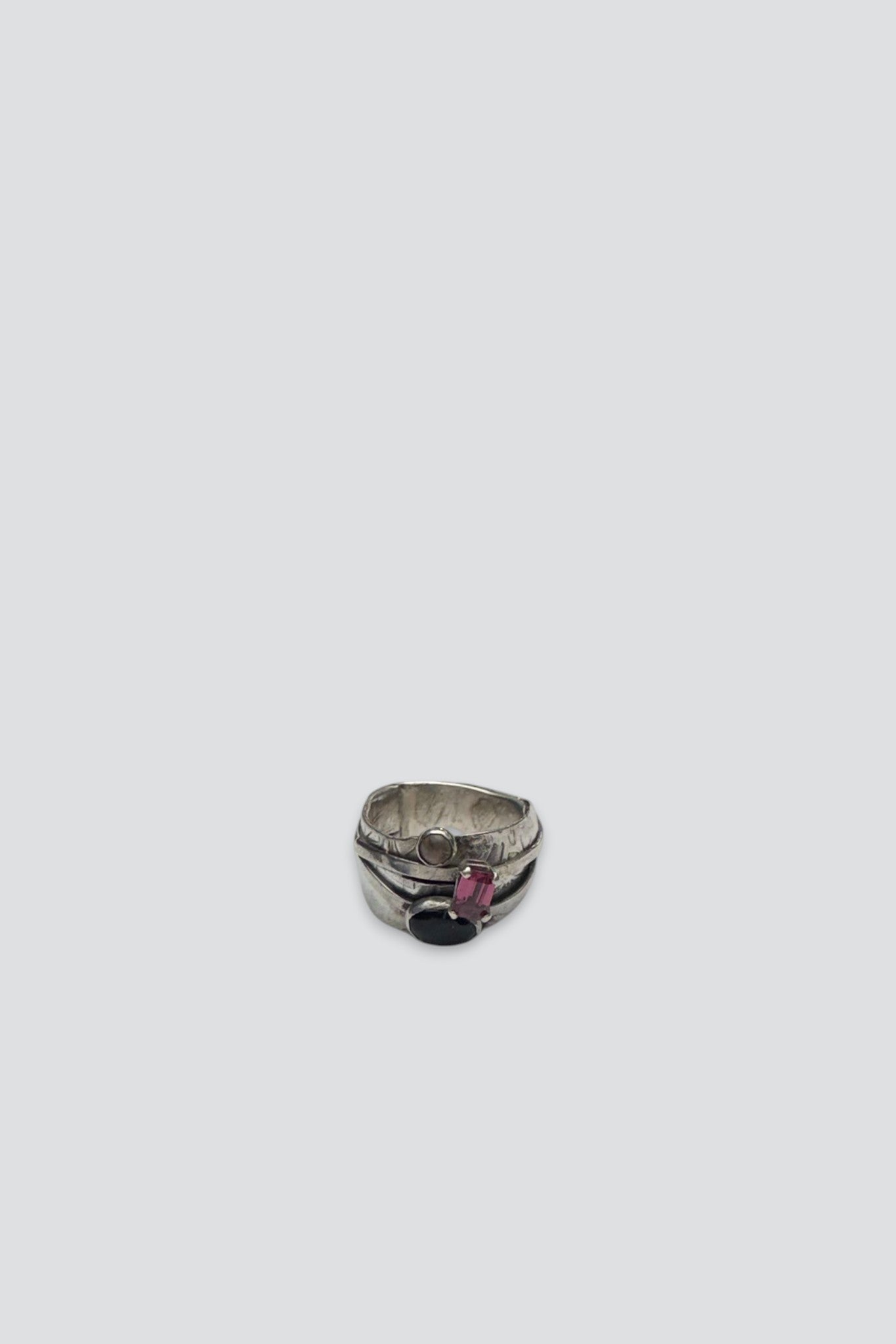 Sterling Silver Onyx Garnet Quartz Deco Ring