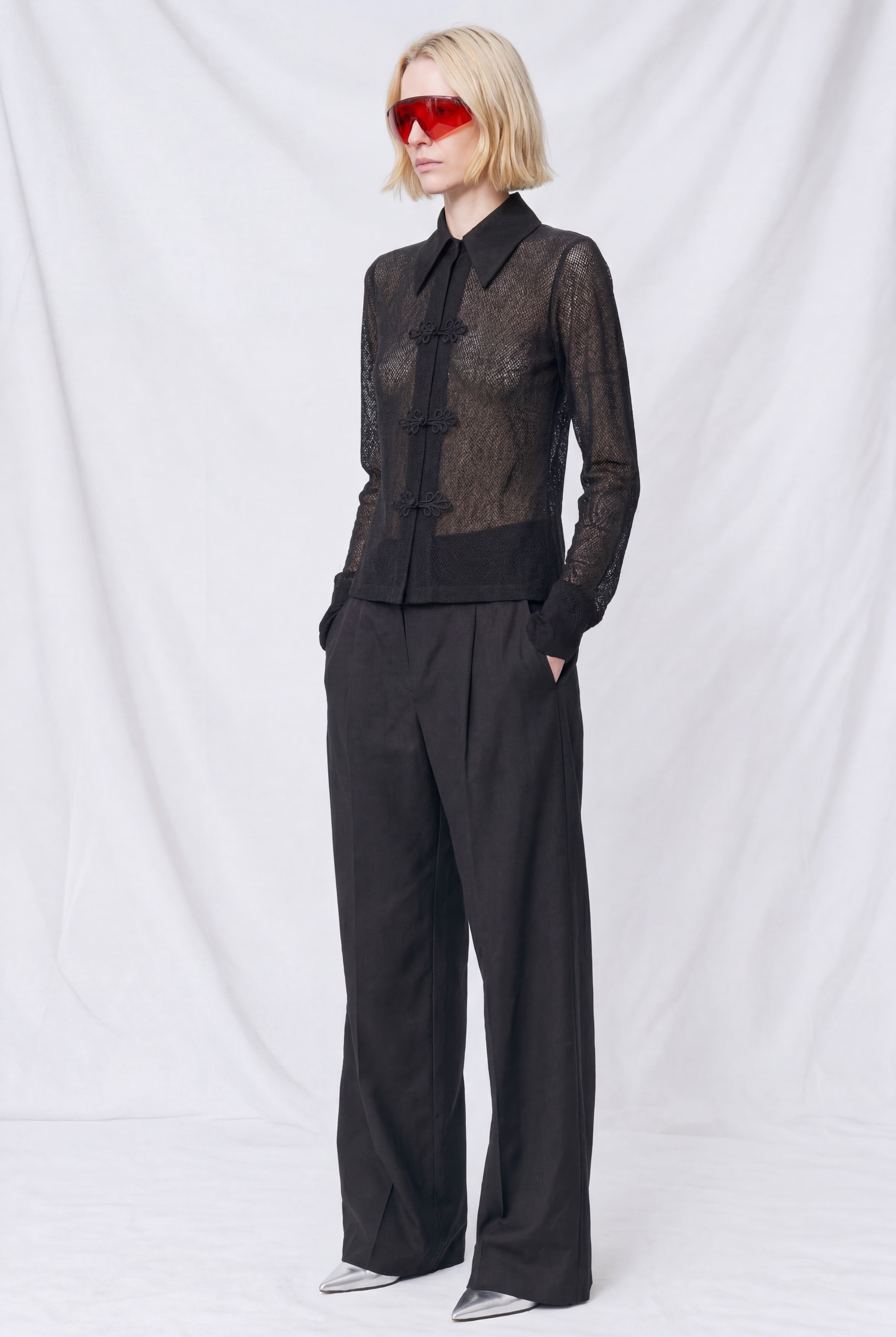 Black Fishnet Fitted Button Up