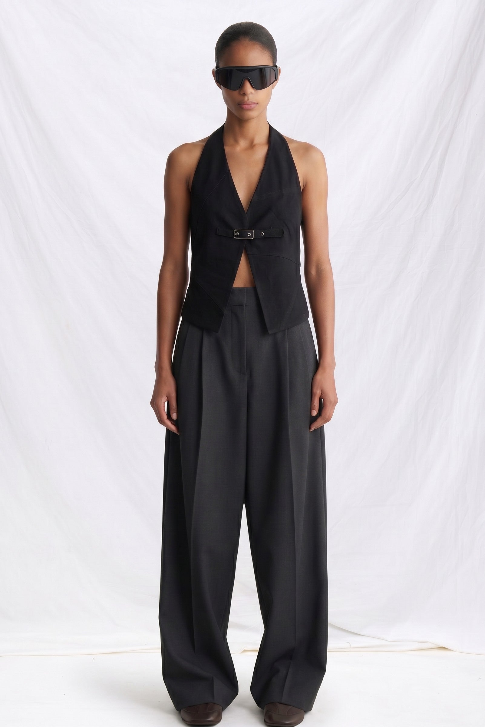 Black Denim Belted Vest