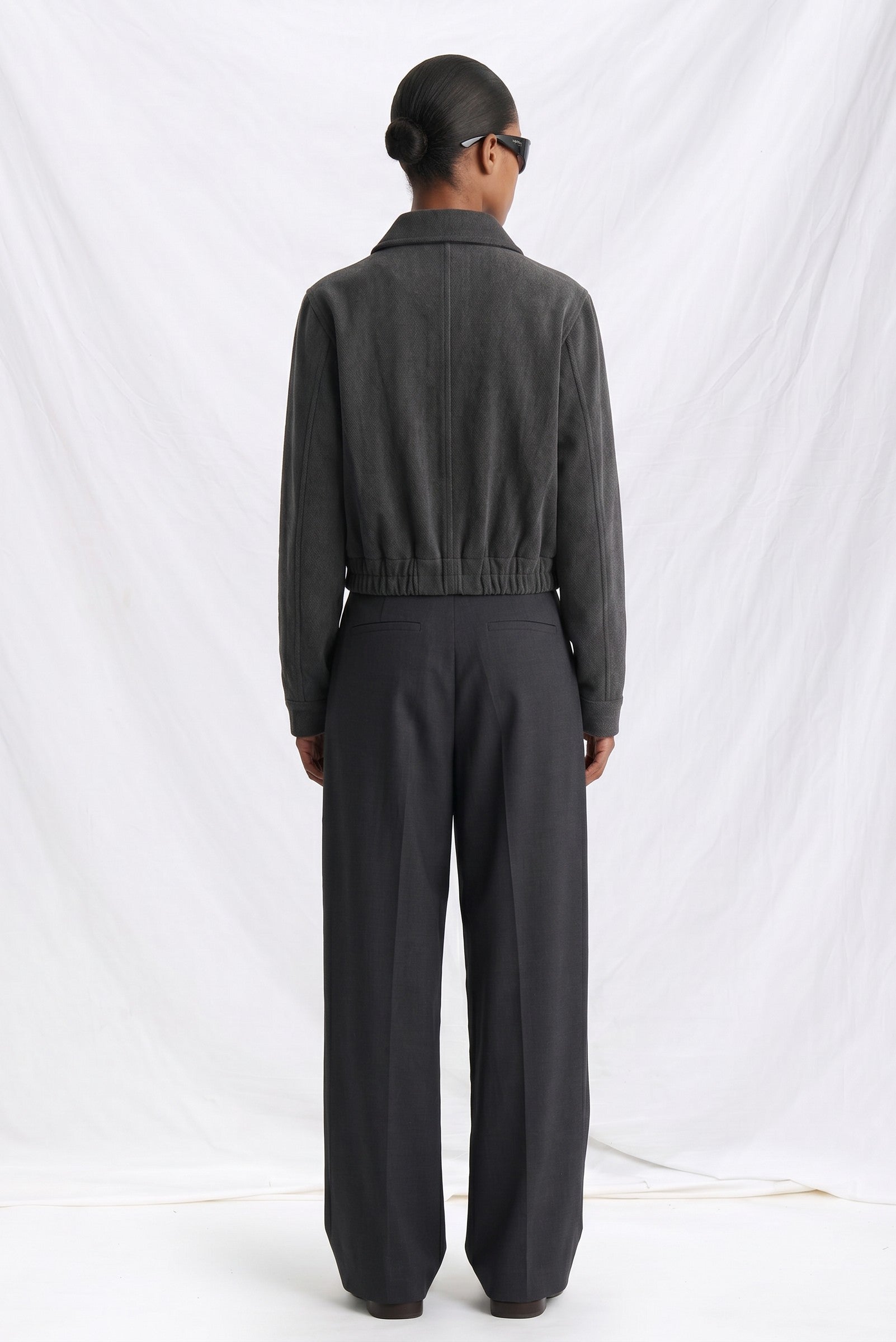 Black Grey Wash Denim Shrunken Zip Jacket