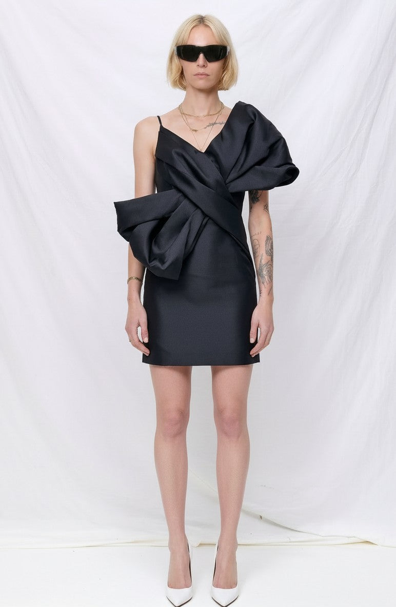 Black Heavy Satin Mini Bow Dress