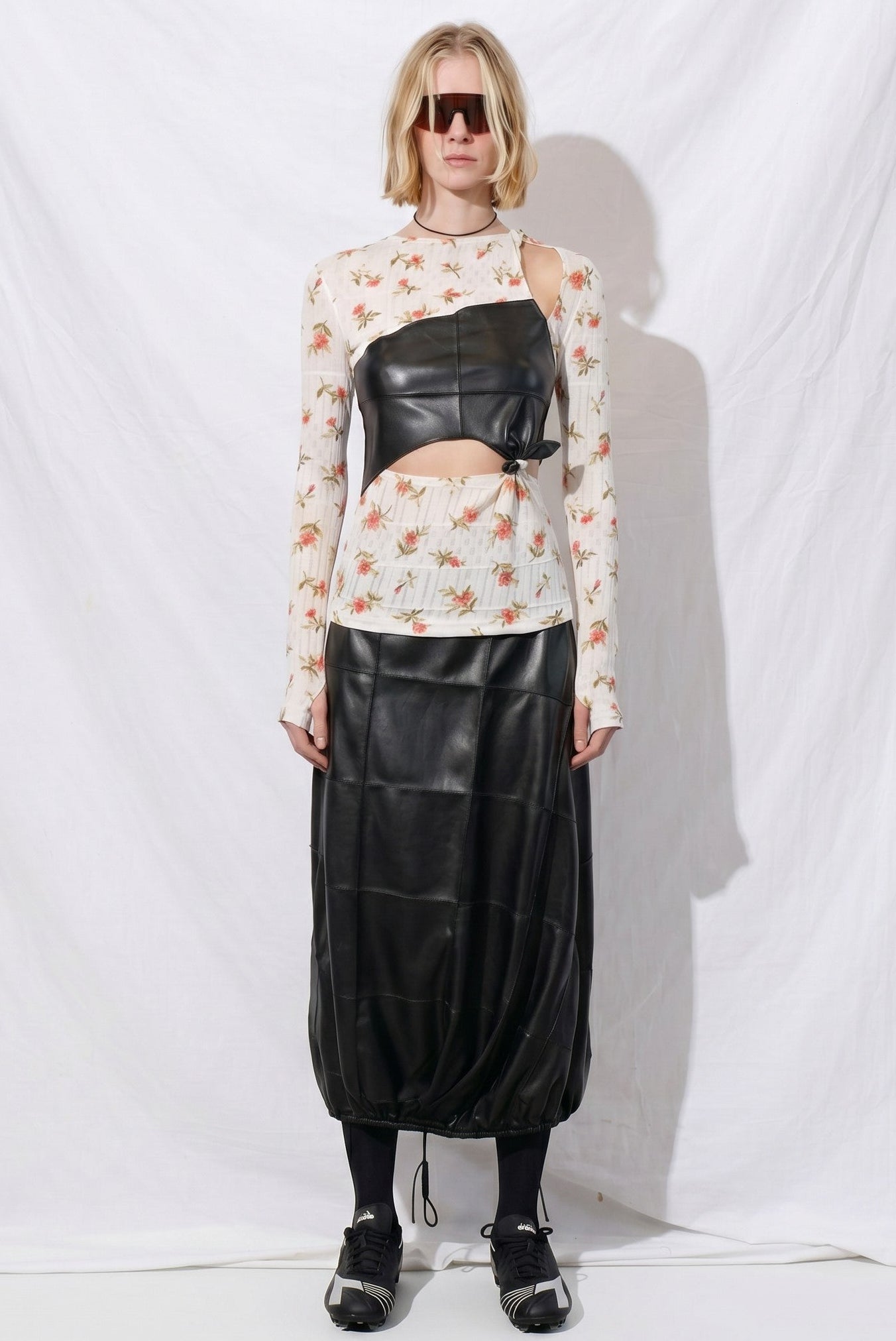 White Floral Jersey Knots Pintuck Top