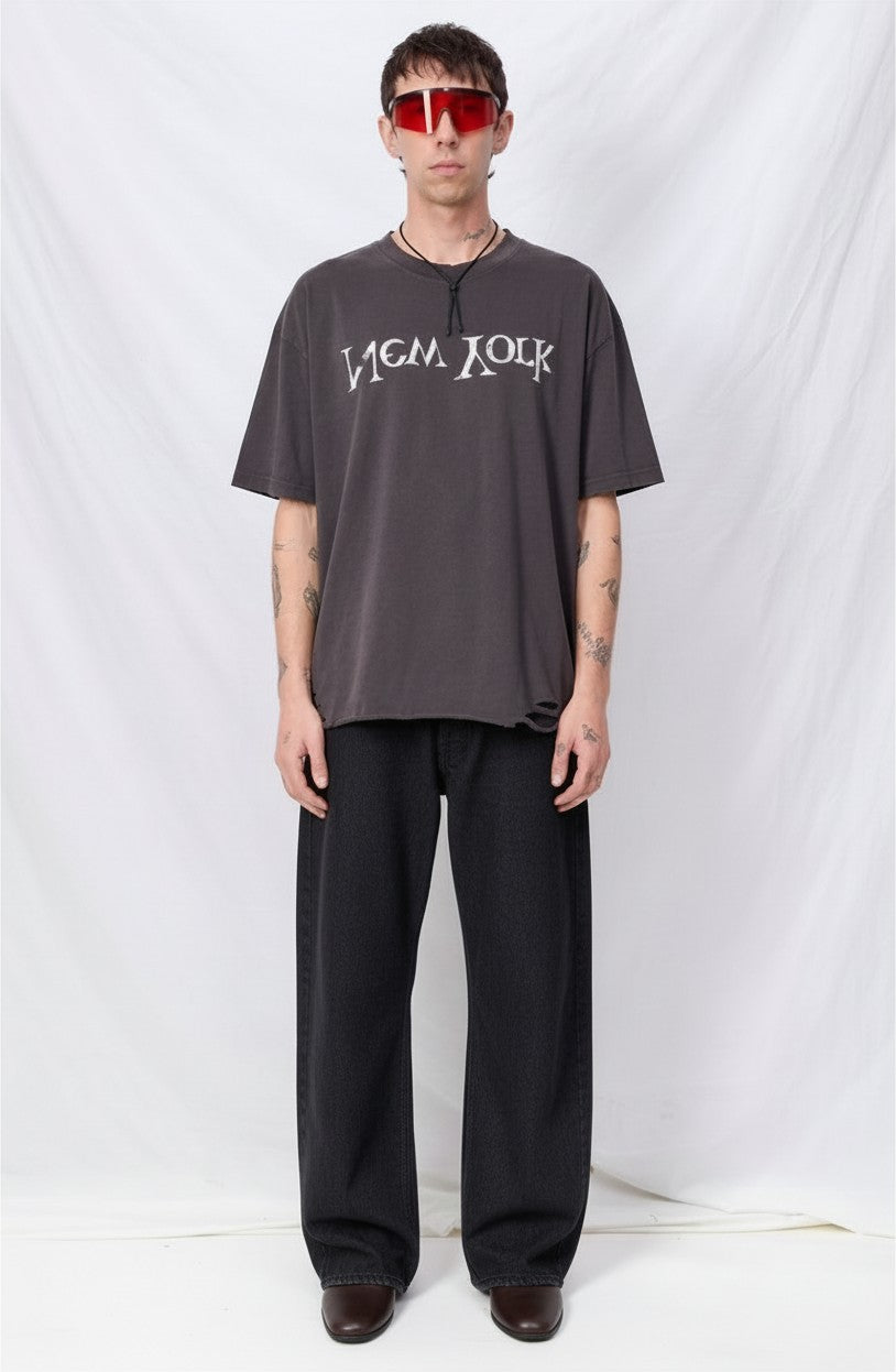 Washed Black Distressed Faded New York Logo T-Shirt