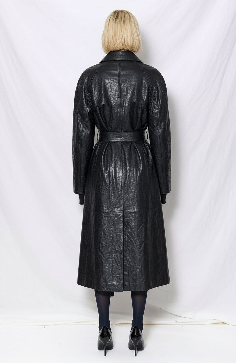 Black Wave Leather Long Coat