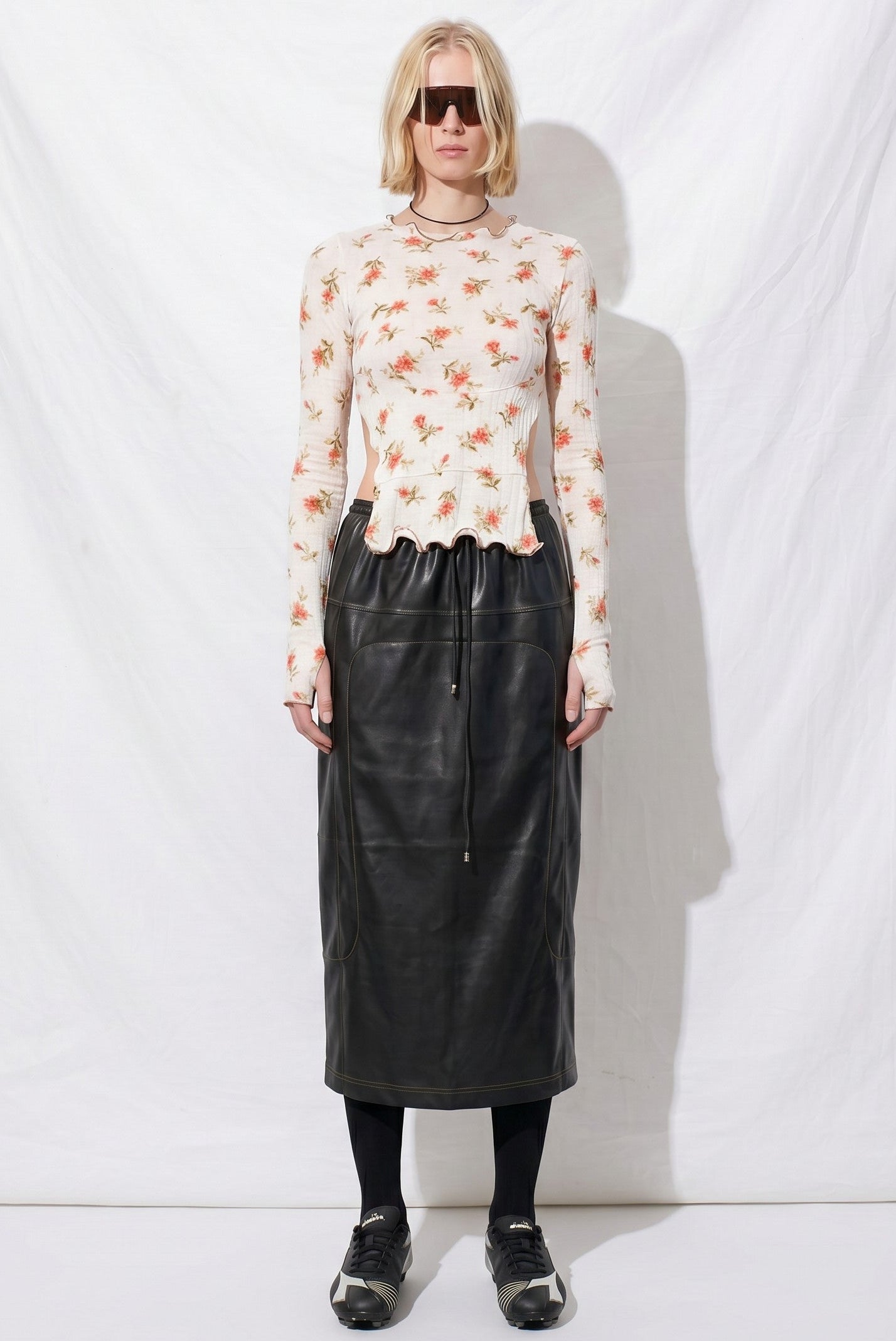 White Floral Jersey Ruffle Hem Cut Out Top
