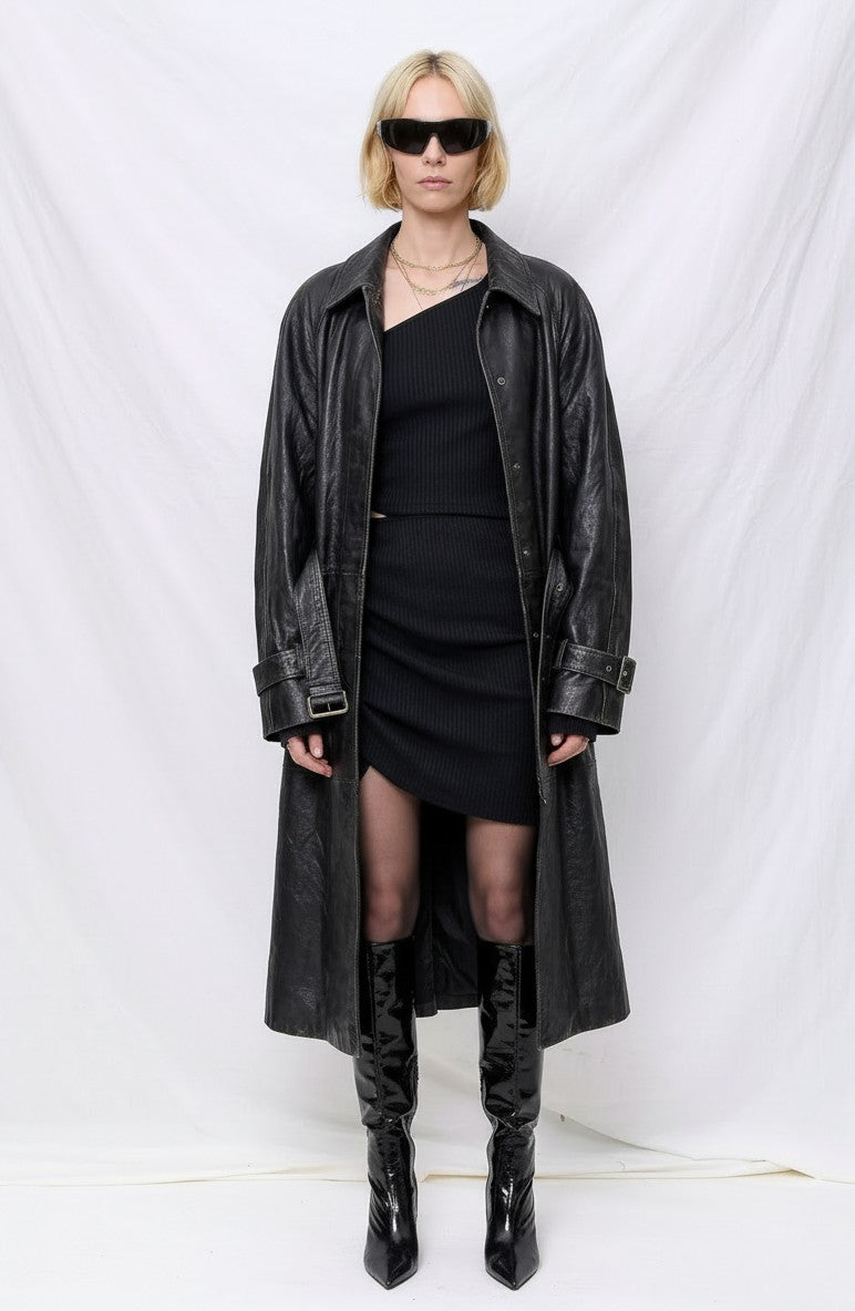 Black Wave Leather Long Coat