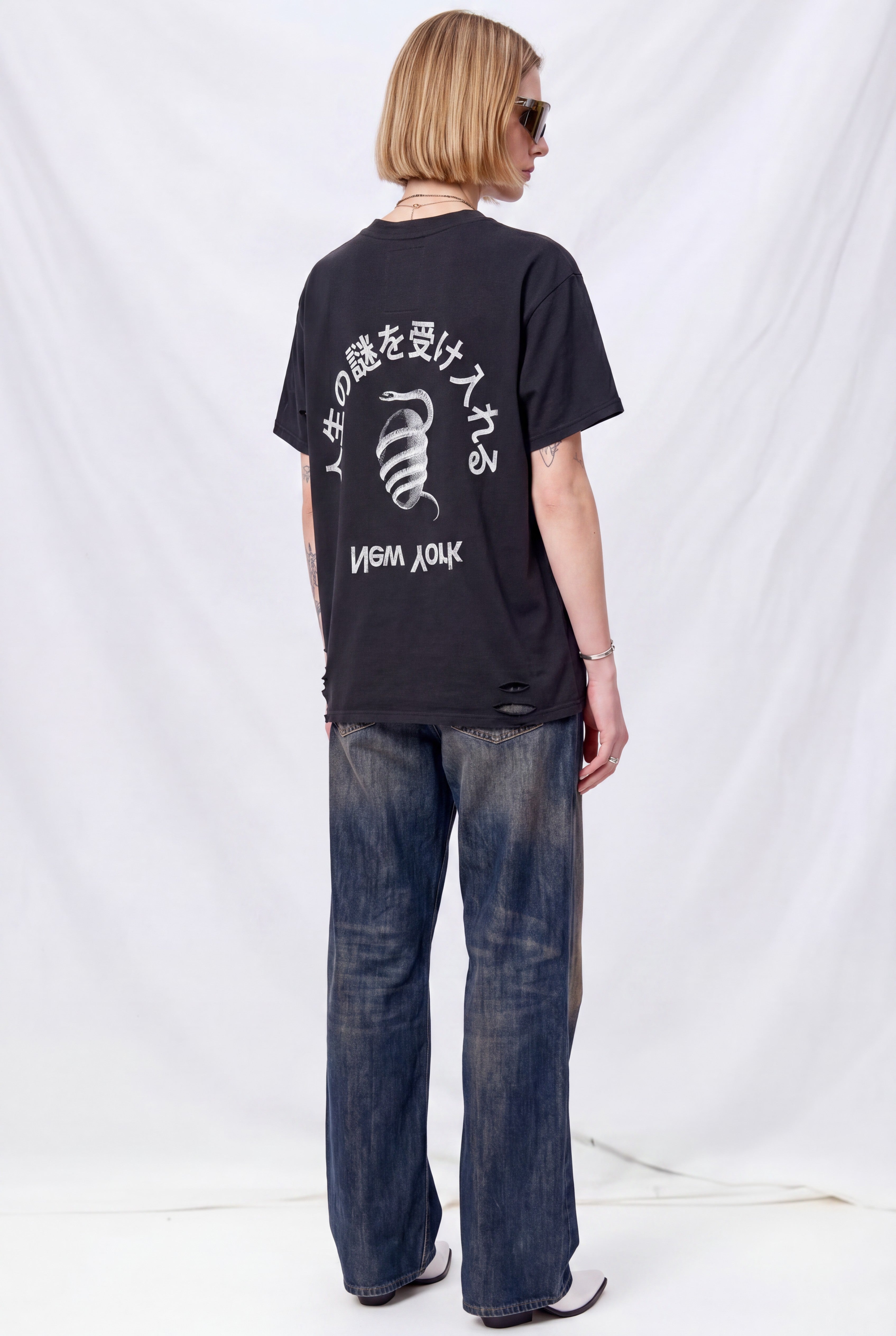 Washed Black Distressed Faded Embrace Mystery Logo T-Shirt
