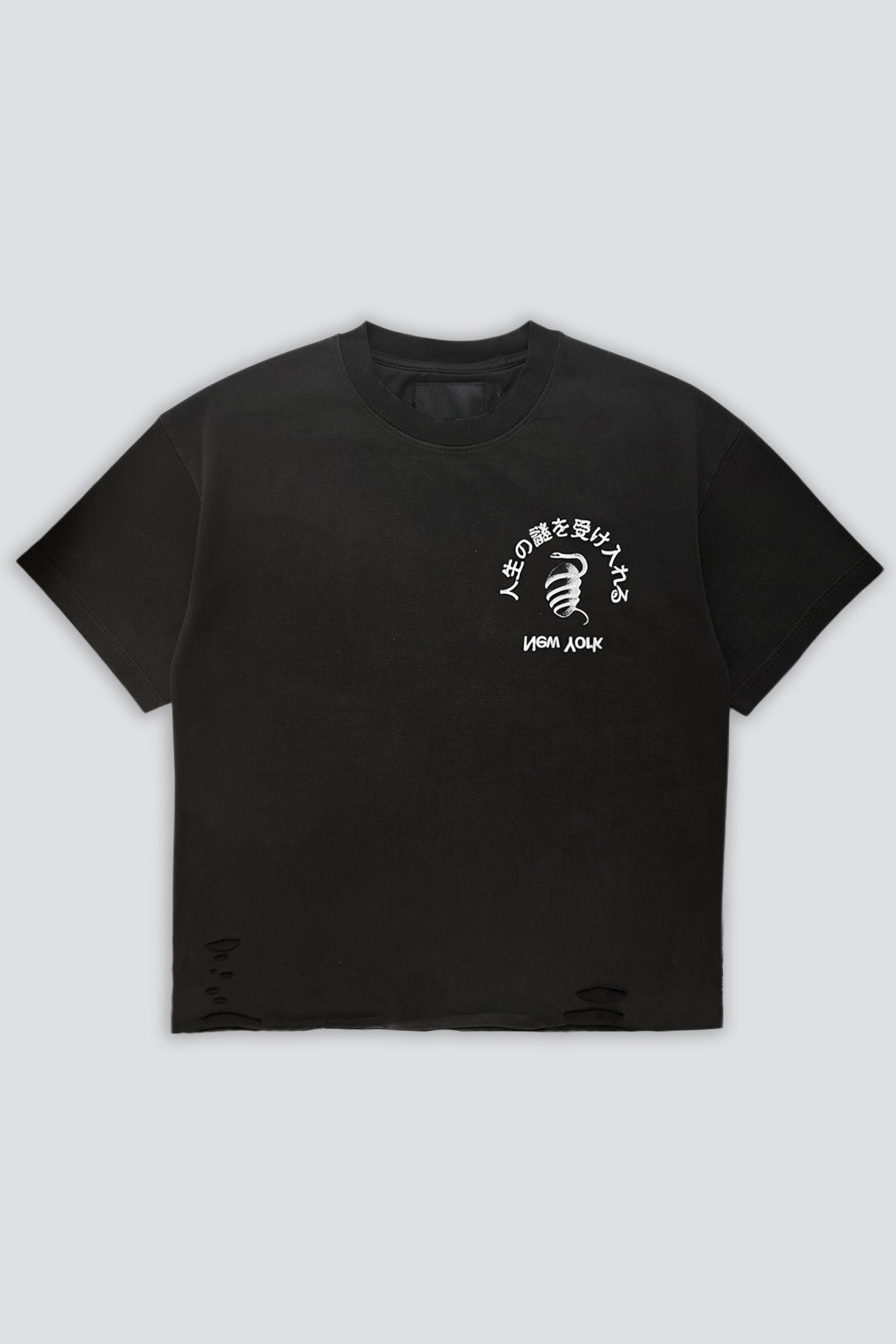 Washed Black Distressed Faded Embrace Mystery Logo T-Shirt