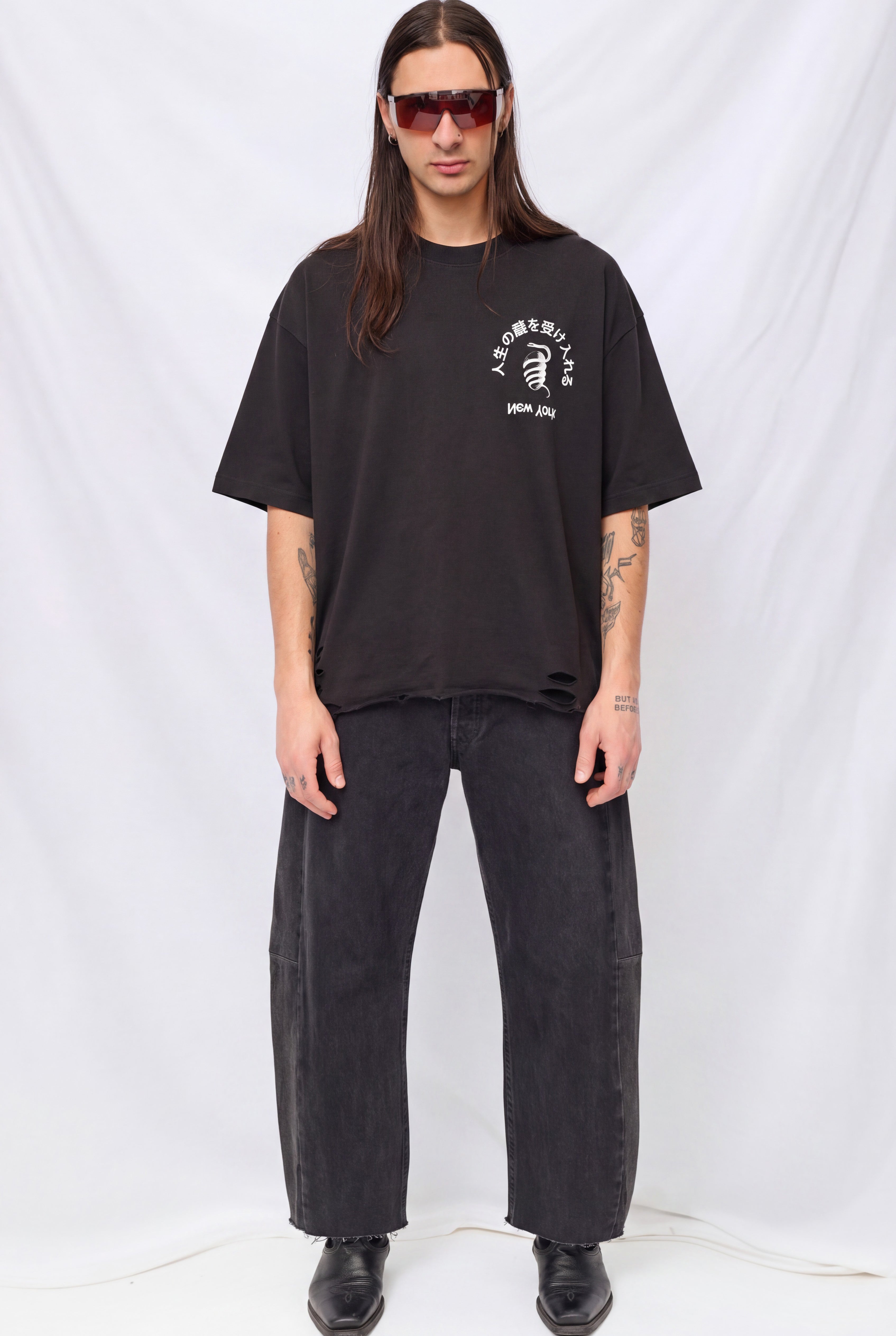 Washed Black Distressed Faded Embrace Mystery Logo T-Shirt