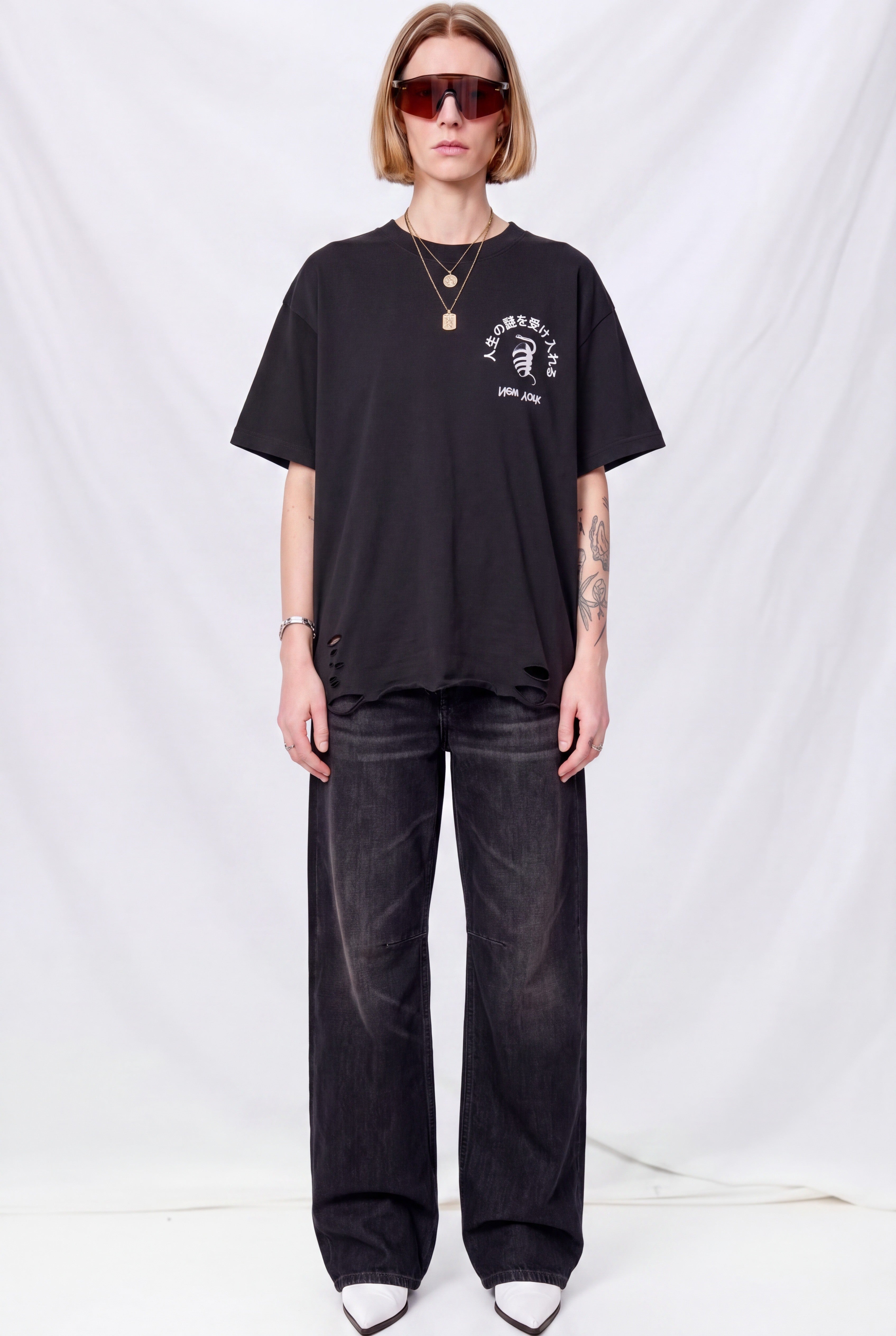 Washed Black Distressed Faded Embrace Mystery Logo T-Shirt