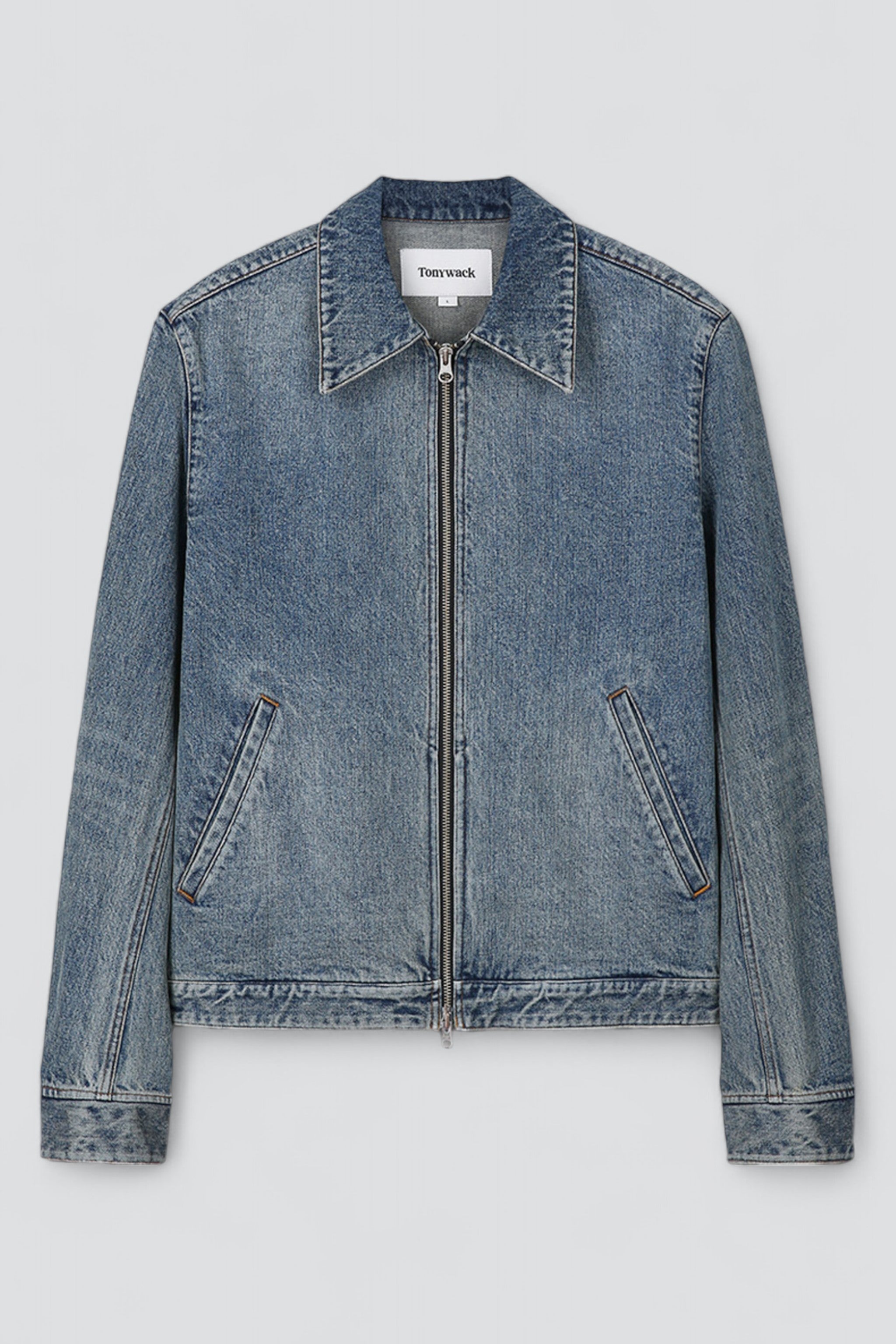 Washed Mid Blue Denim Zippered Jacket