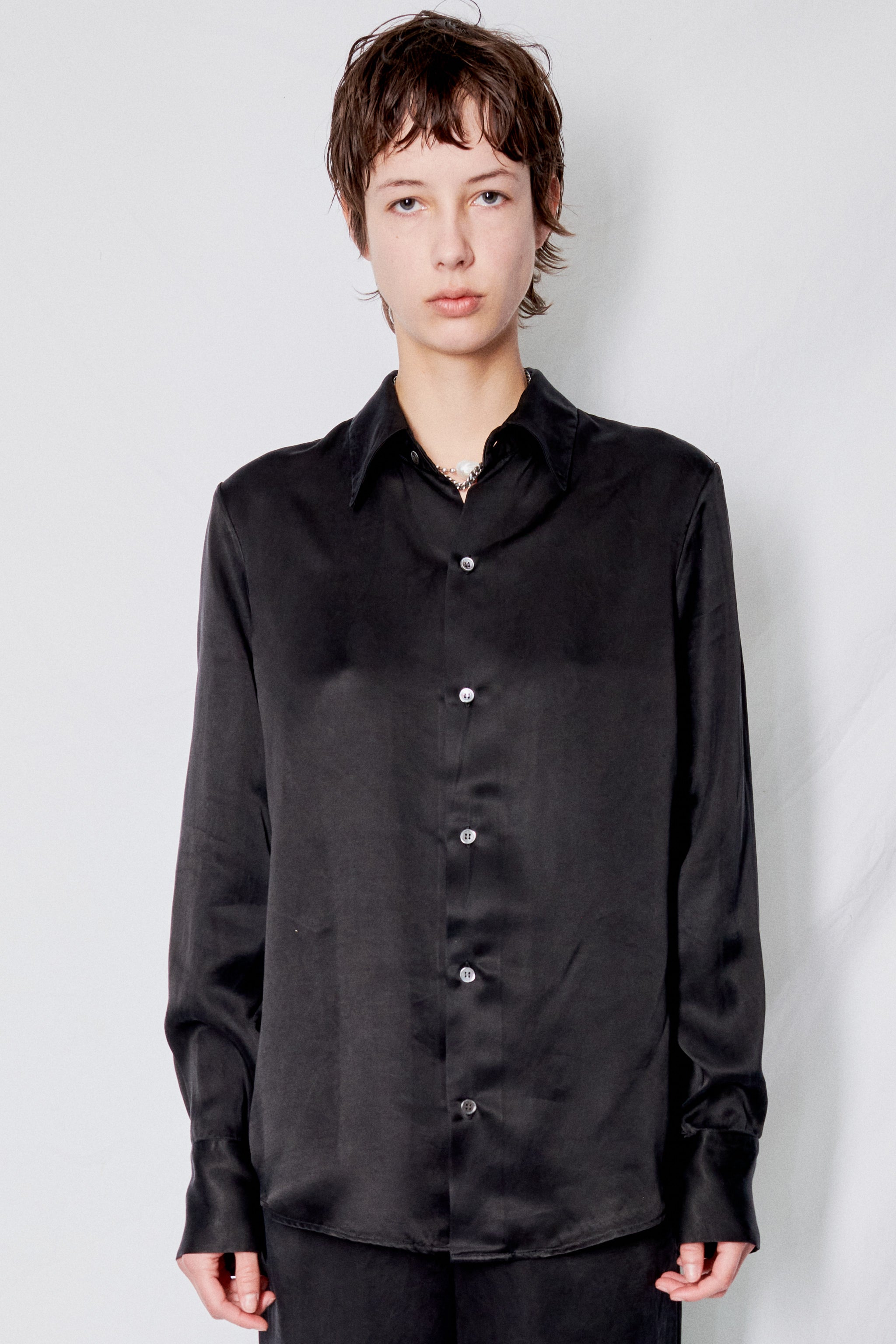 Black Cupro Long Sleeve Button Up