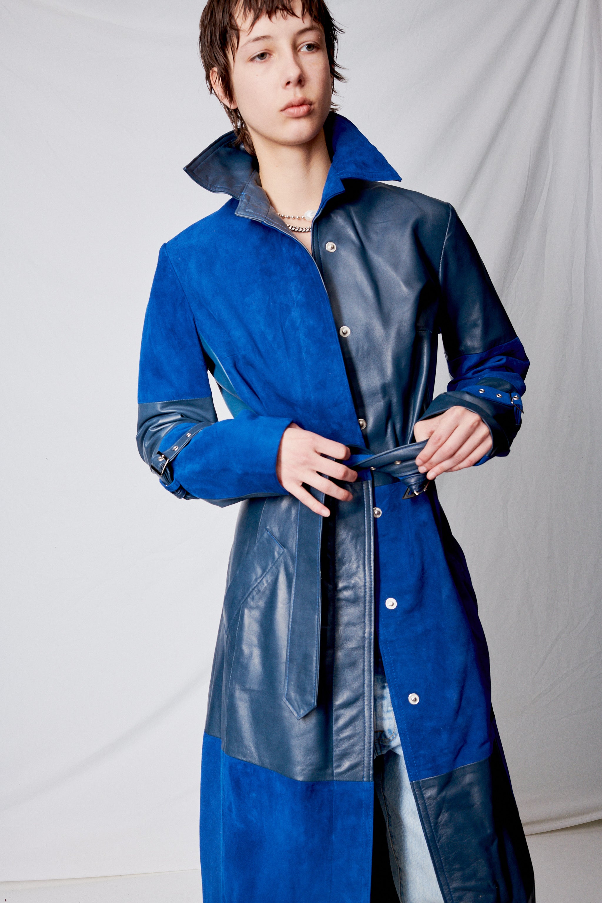 Blue Leather Patchwork Trench