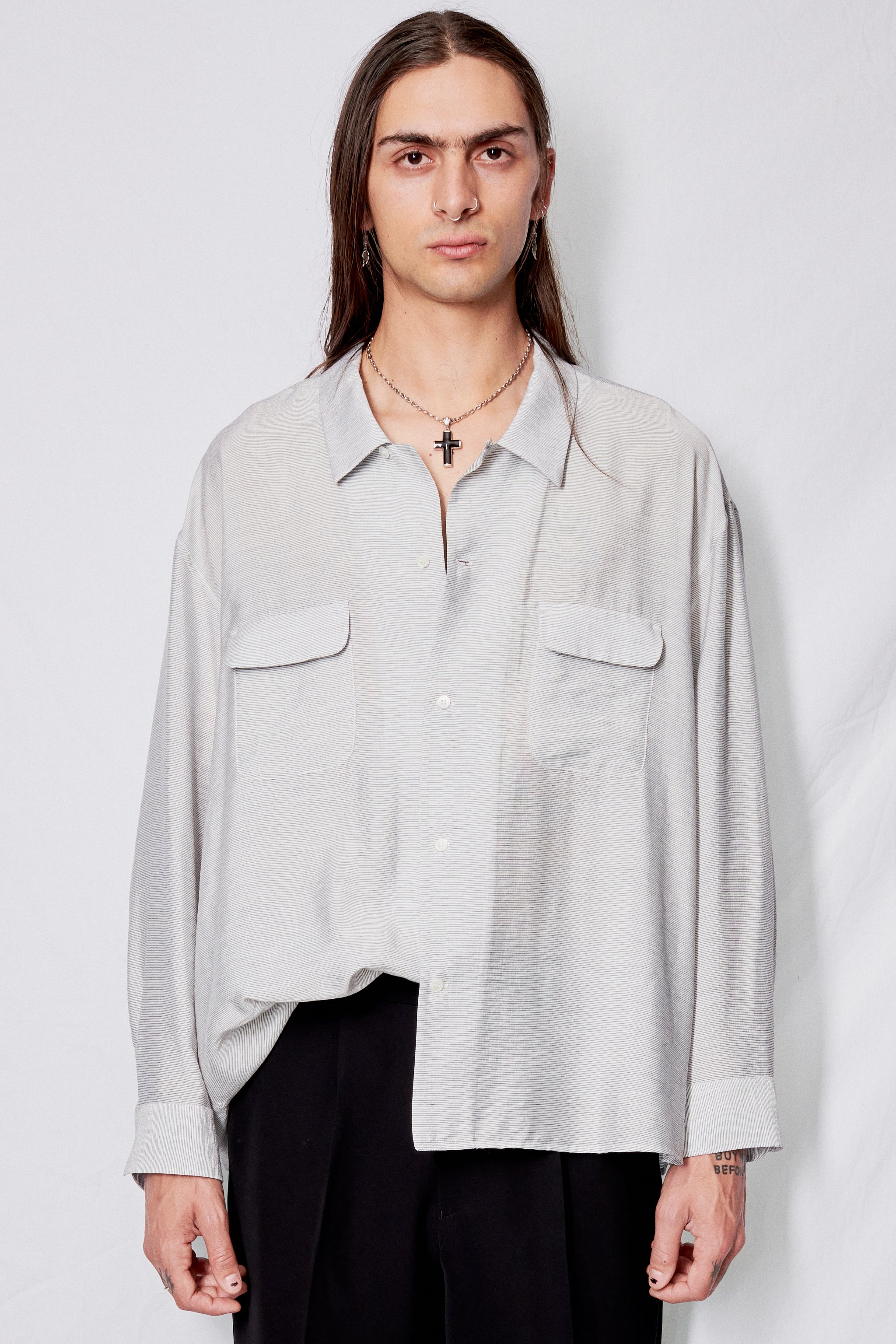 Stripe Rayon Crop Pocket Shirt