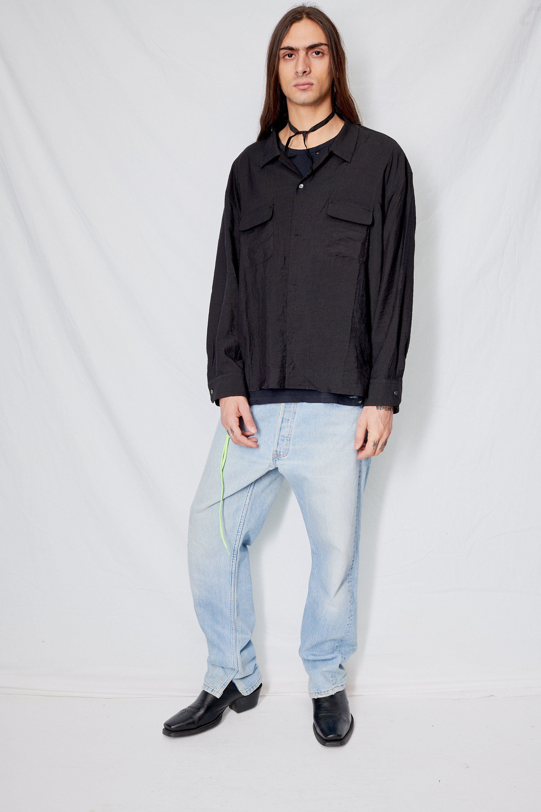 Black Stripe Rayon Crop Pocket Shirt