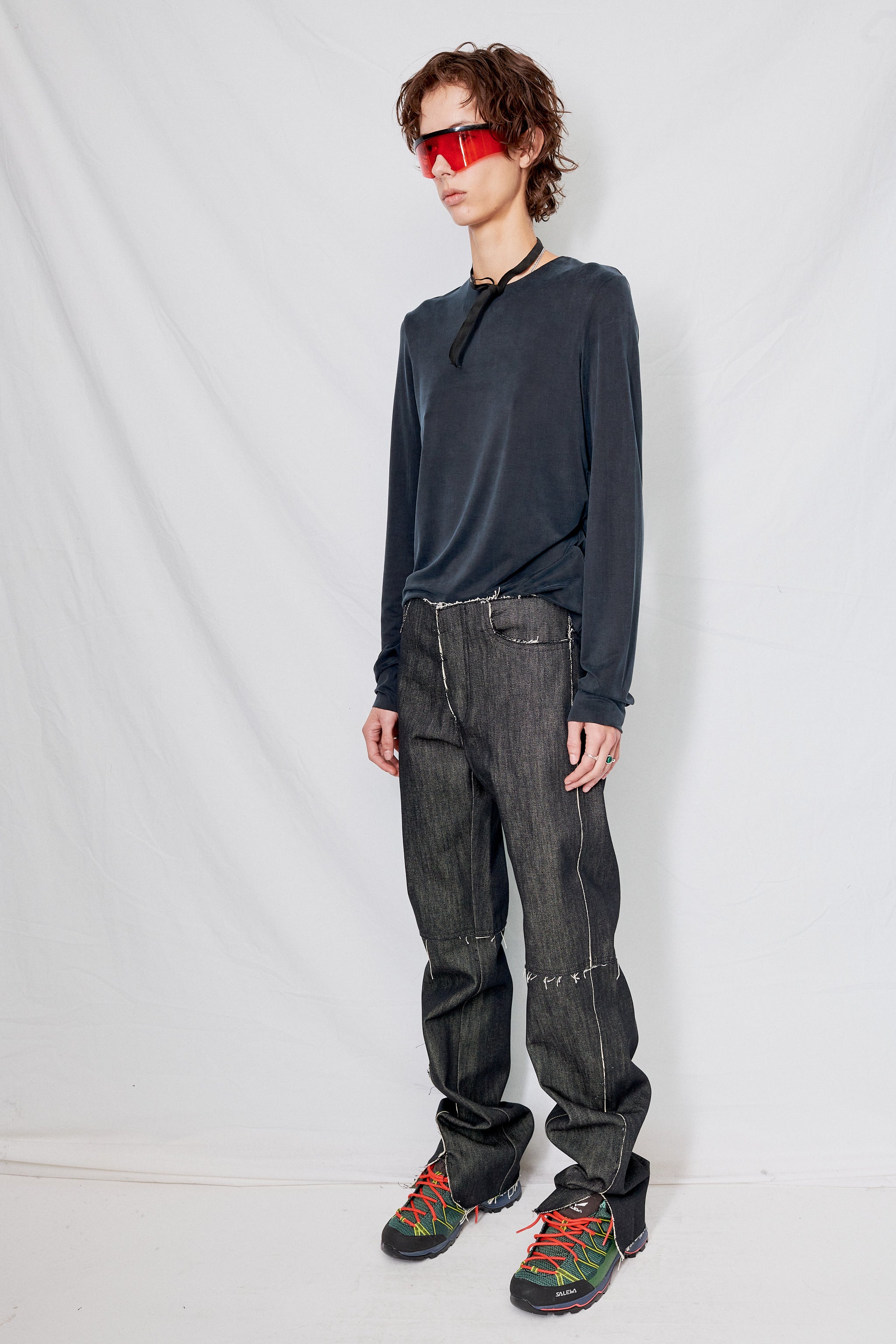 No.155 Black Denim Slit Trousers