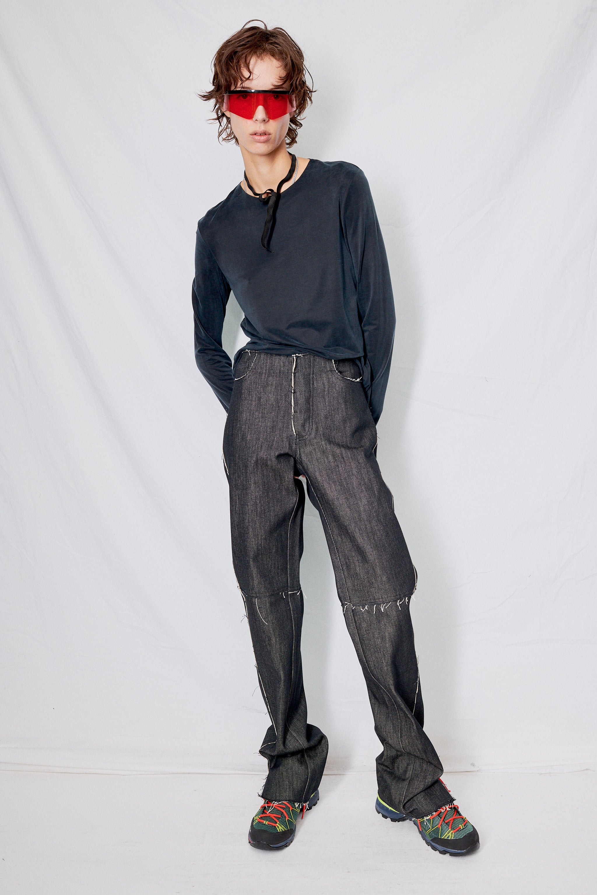 No.155 Black Denim Slit Trousers