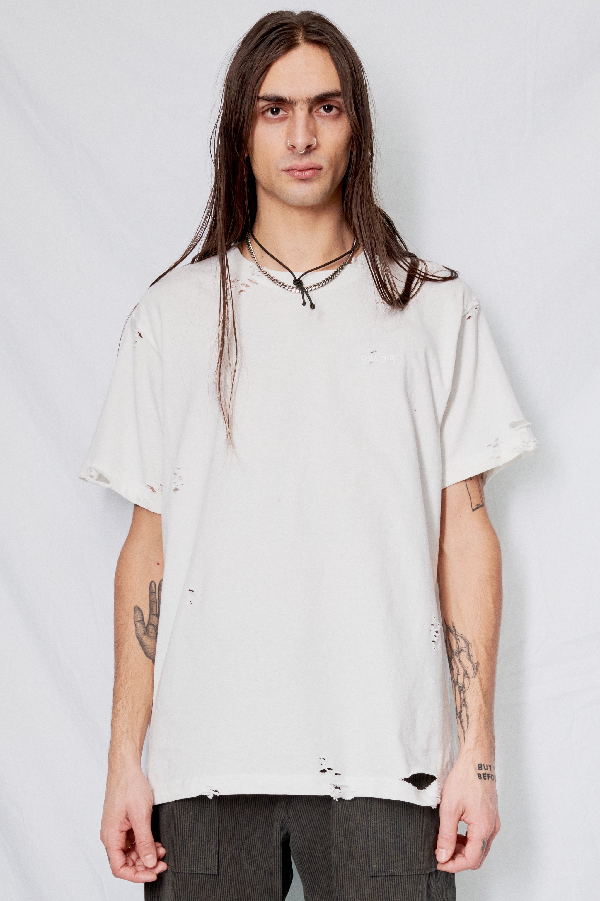 Distressed White Embroidered New York Chest Logo T-Shirt