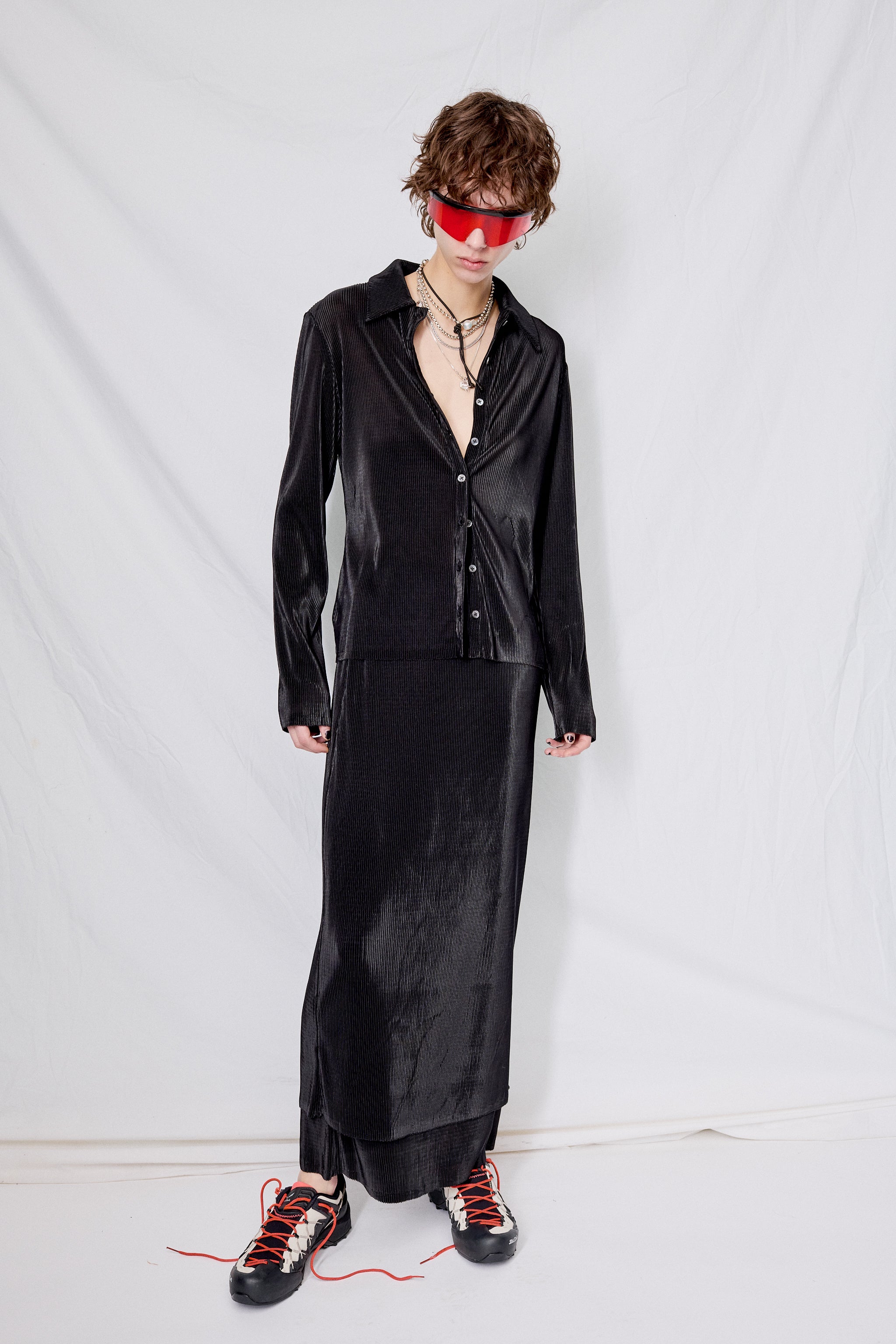 Black Plisse Layered Maxi Skirt