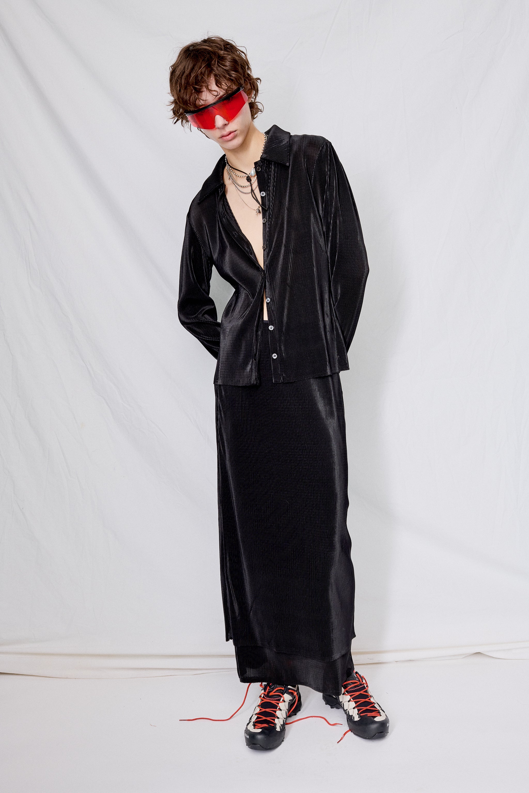 Black Plisse Fitted Button Up