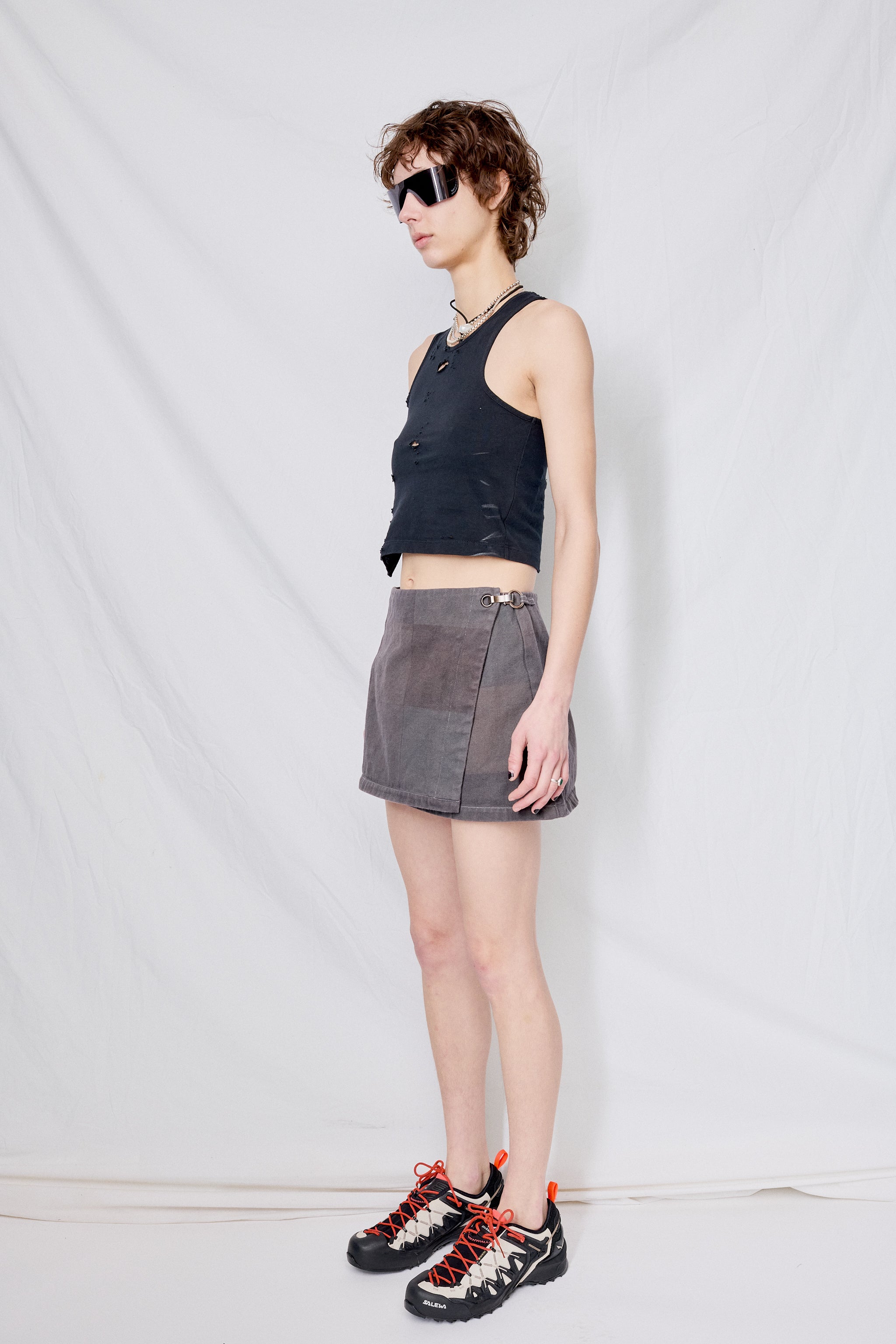 Grey Wash Patchwork Print Denim Mini Skirt
