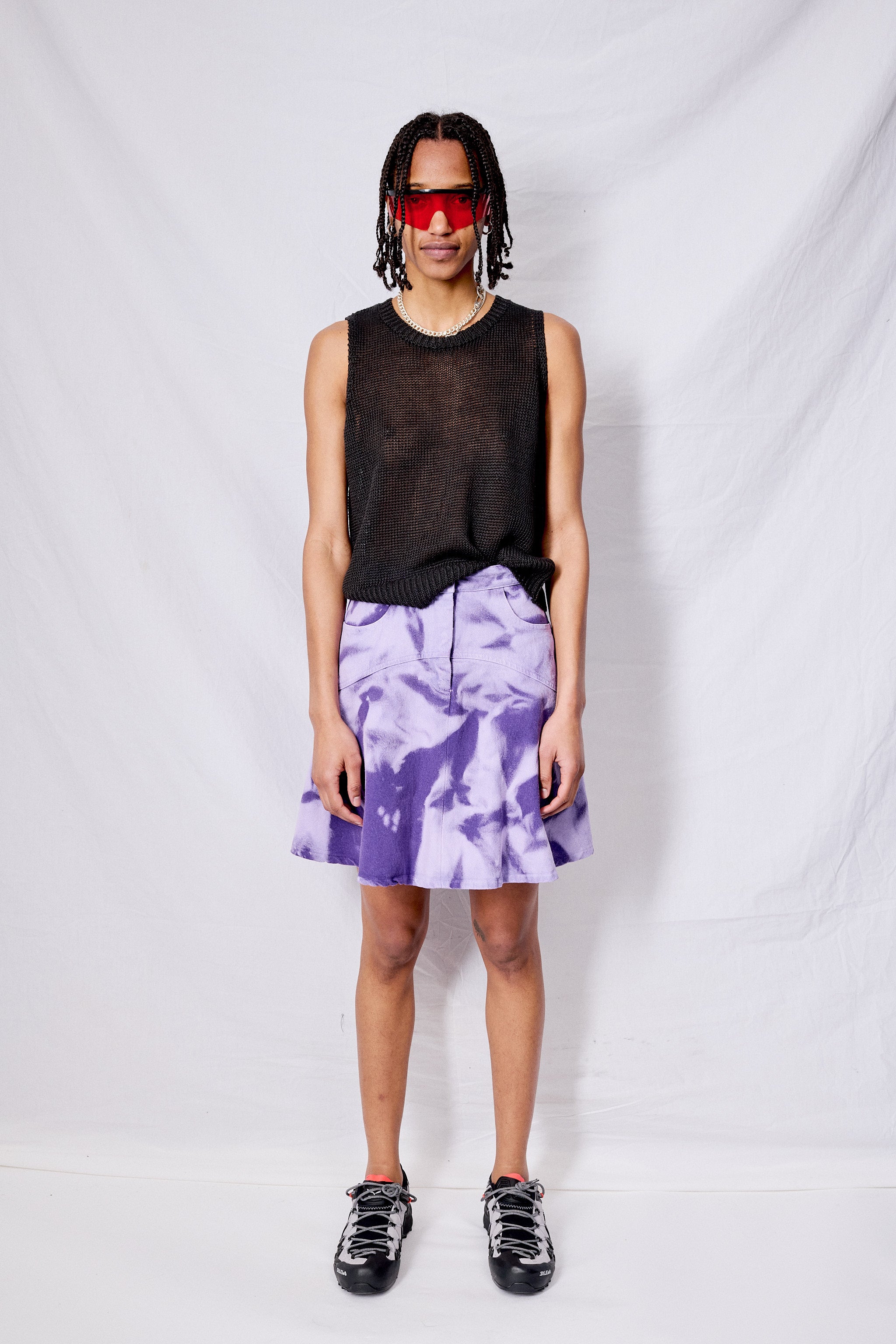 Dark Lilac Bleach Dyed Denim Kick Skirt