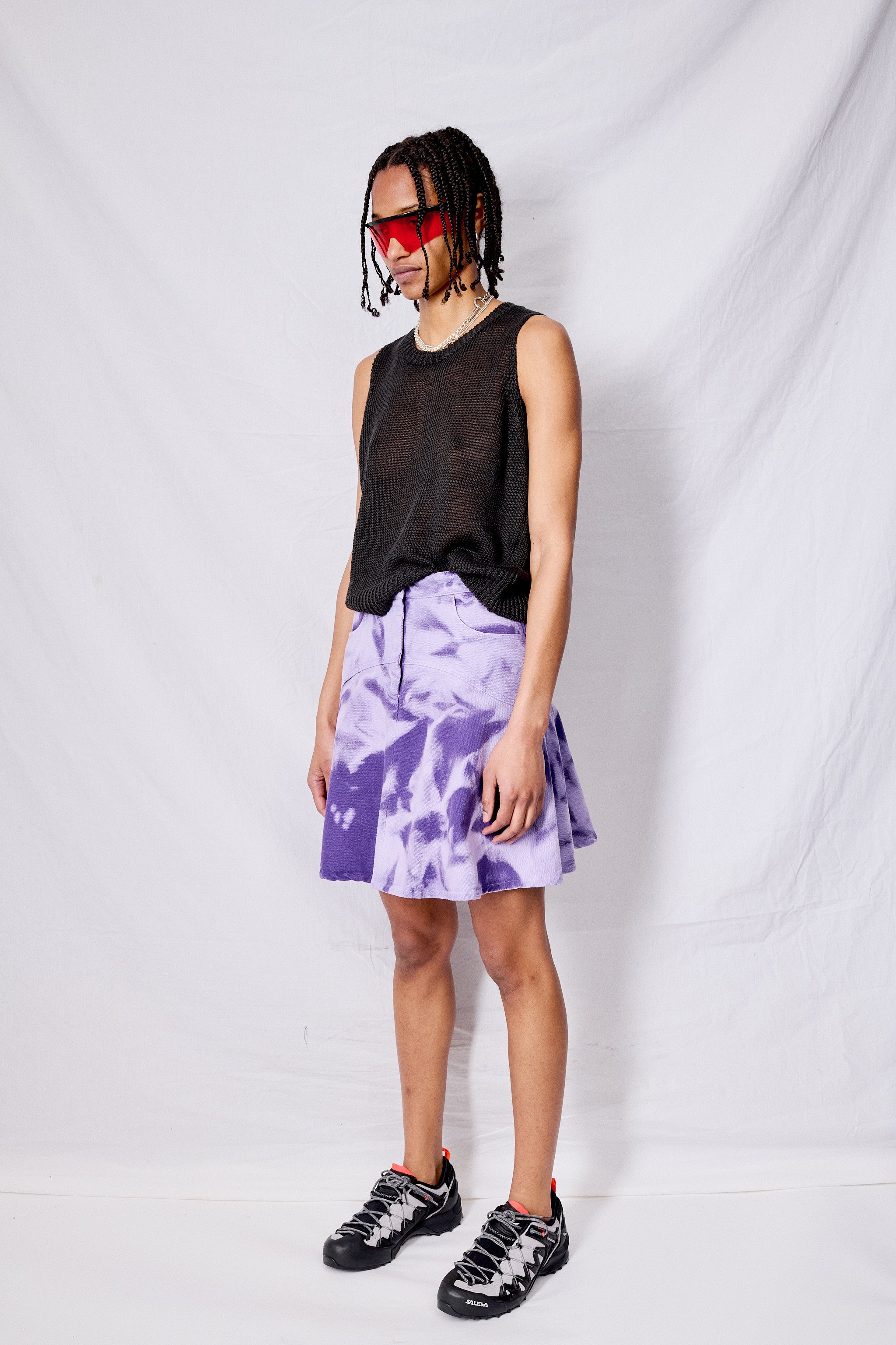 Dark Lilac Bleach Dyed Denim Kick Skirt