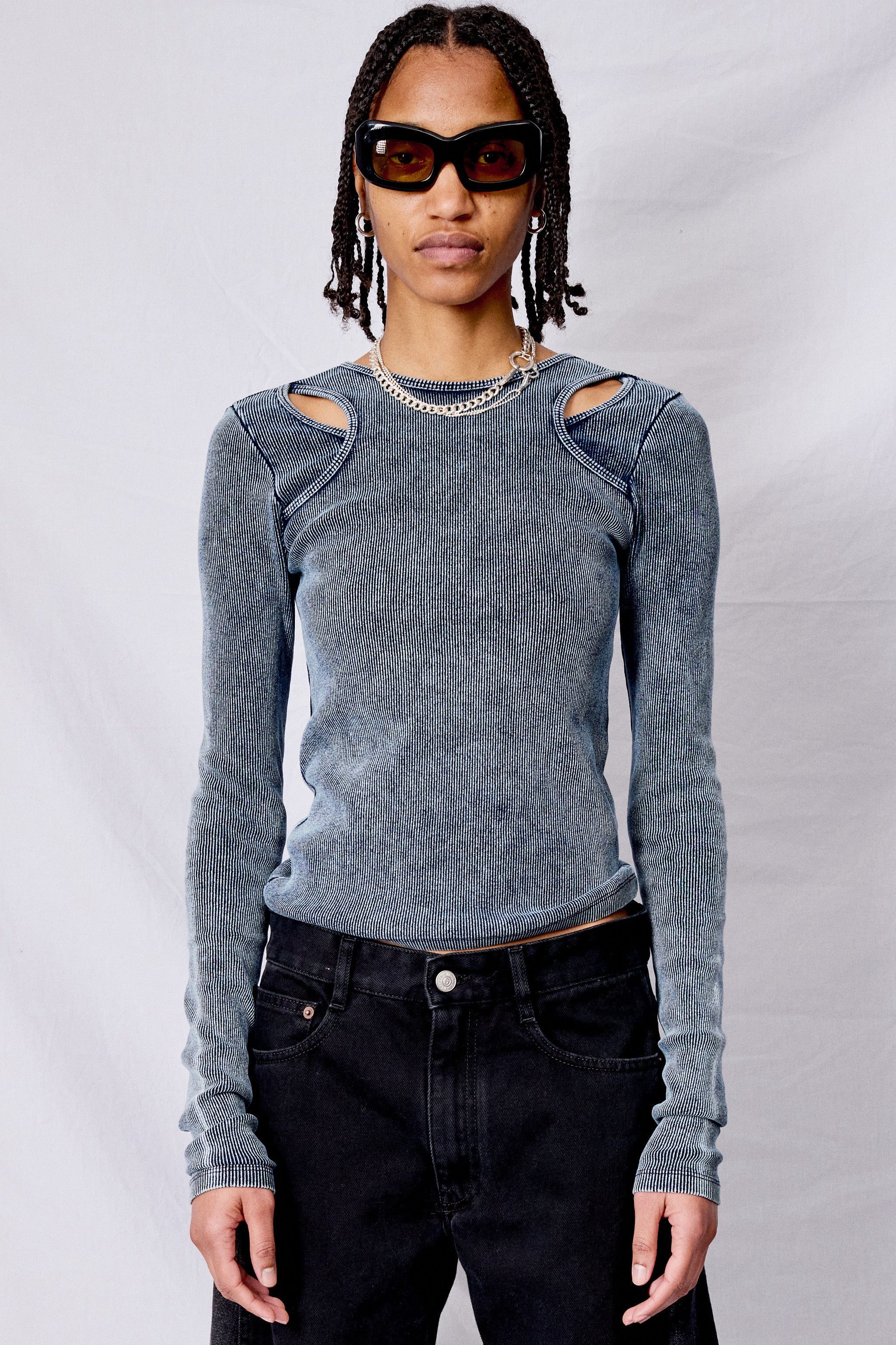 Navy Ribbed Denim Cut-Out Top