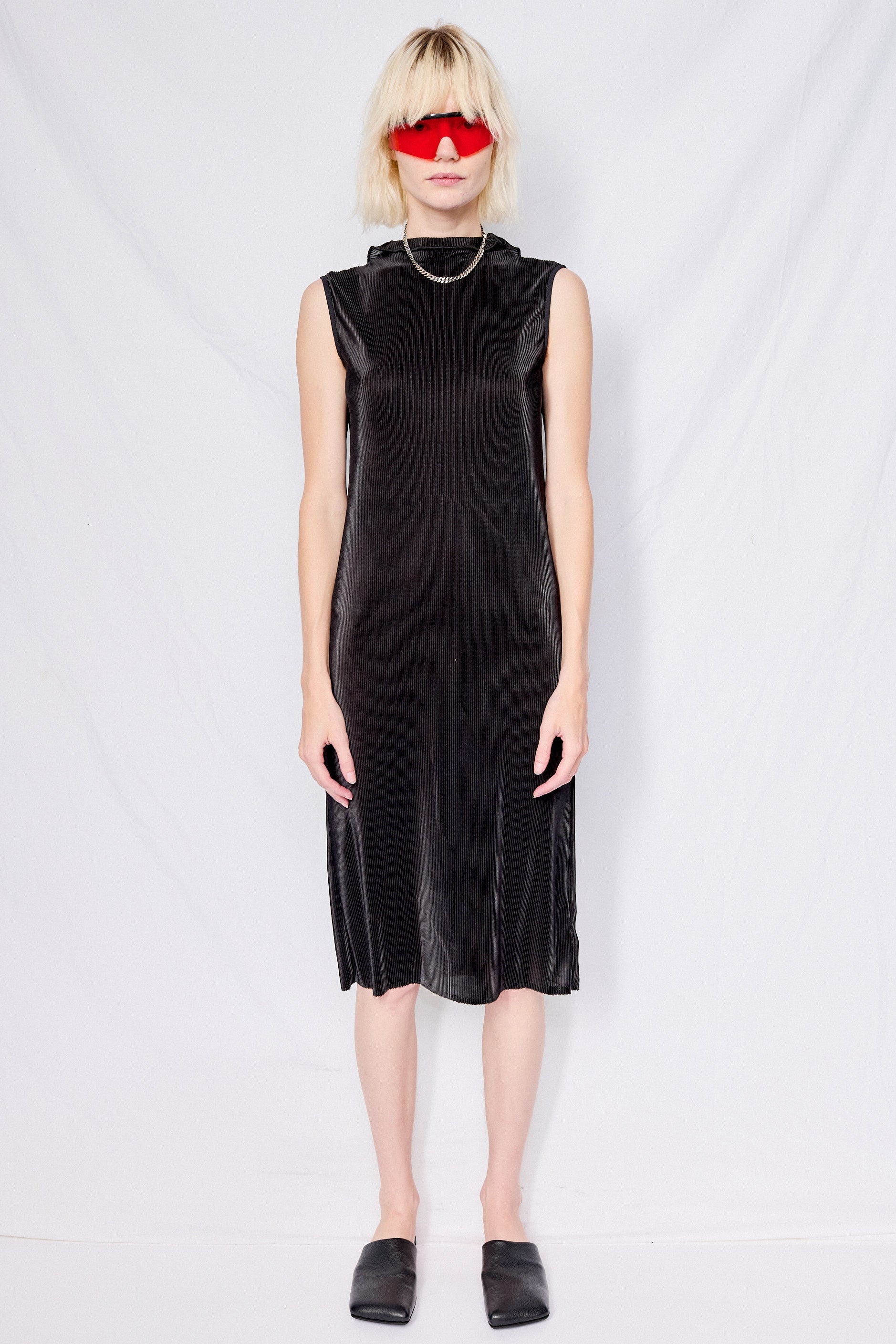 Black Plisse Sleeveless Mockneck Dress