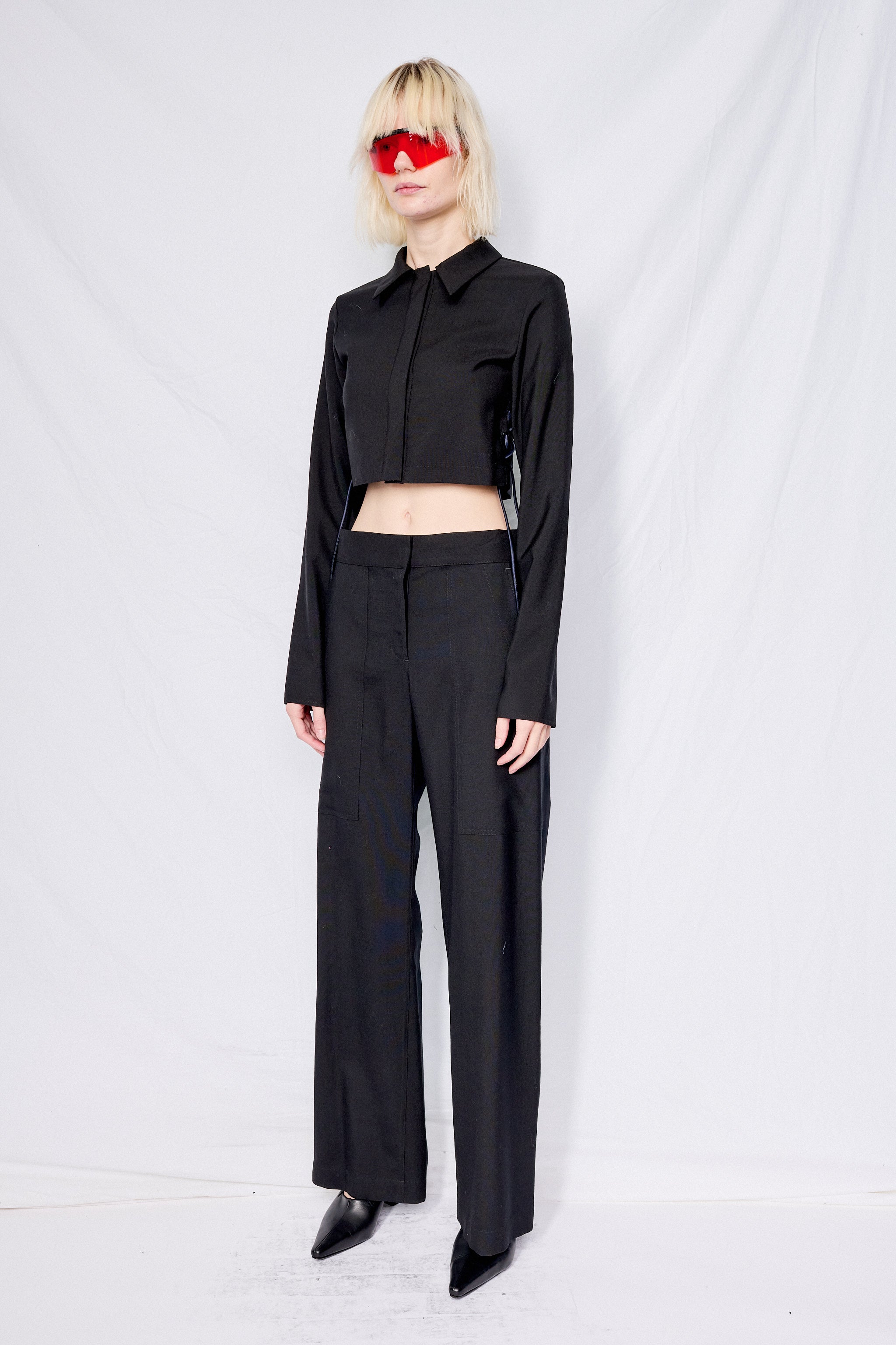 Black Suiting Laced Crop Rugby Top