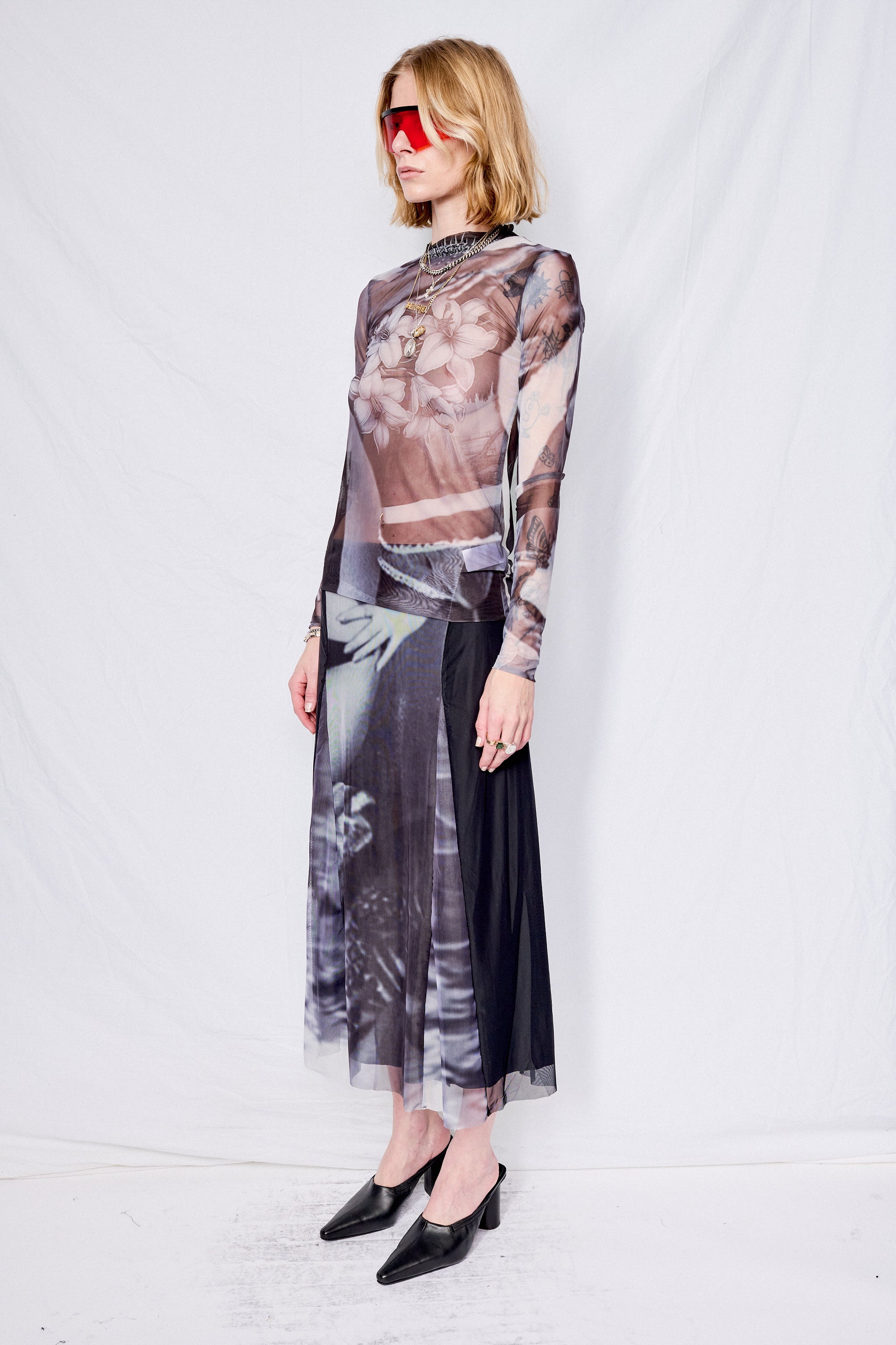 Mesh Noire Panel Ankle Skirt