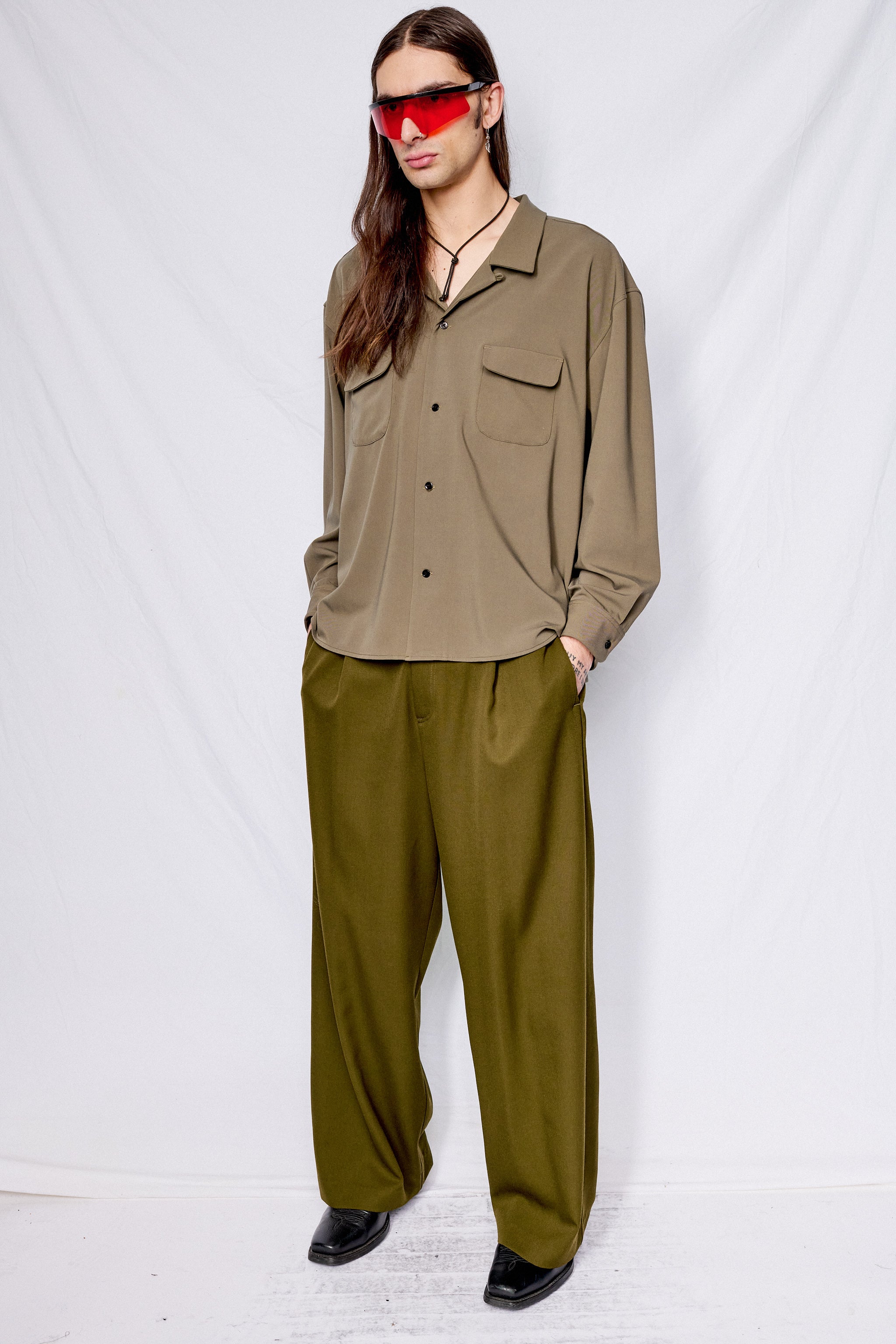 Olive Gabardine Crop Pocket Shirt