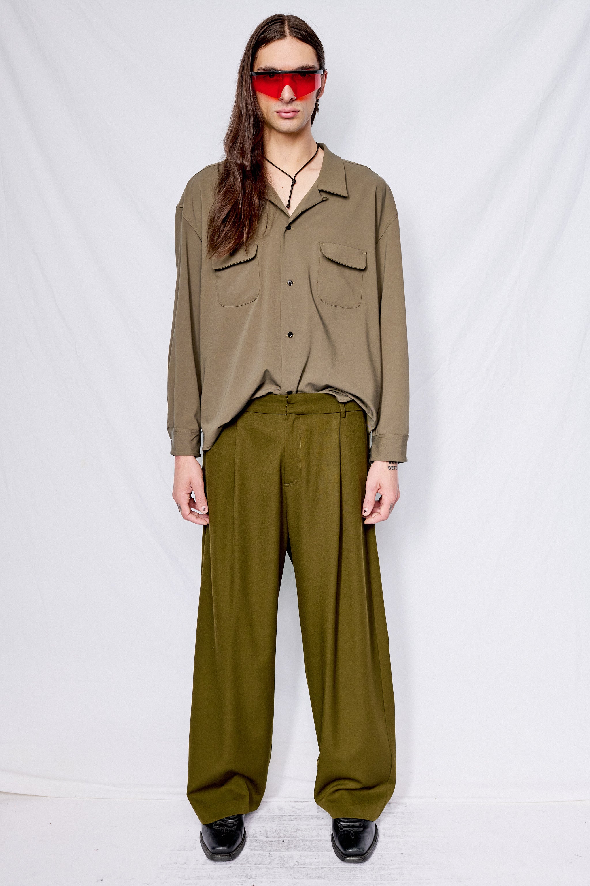 Olive Gabardine Crop Pocket Shirt