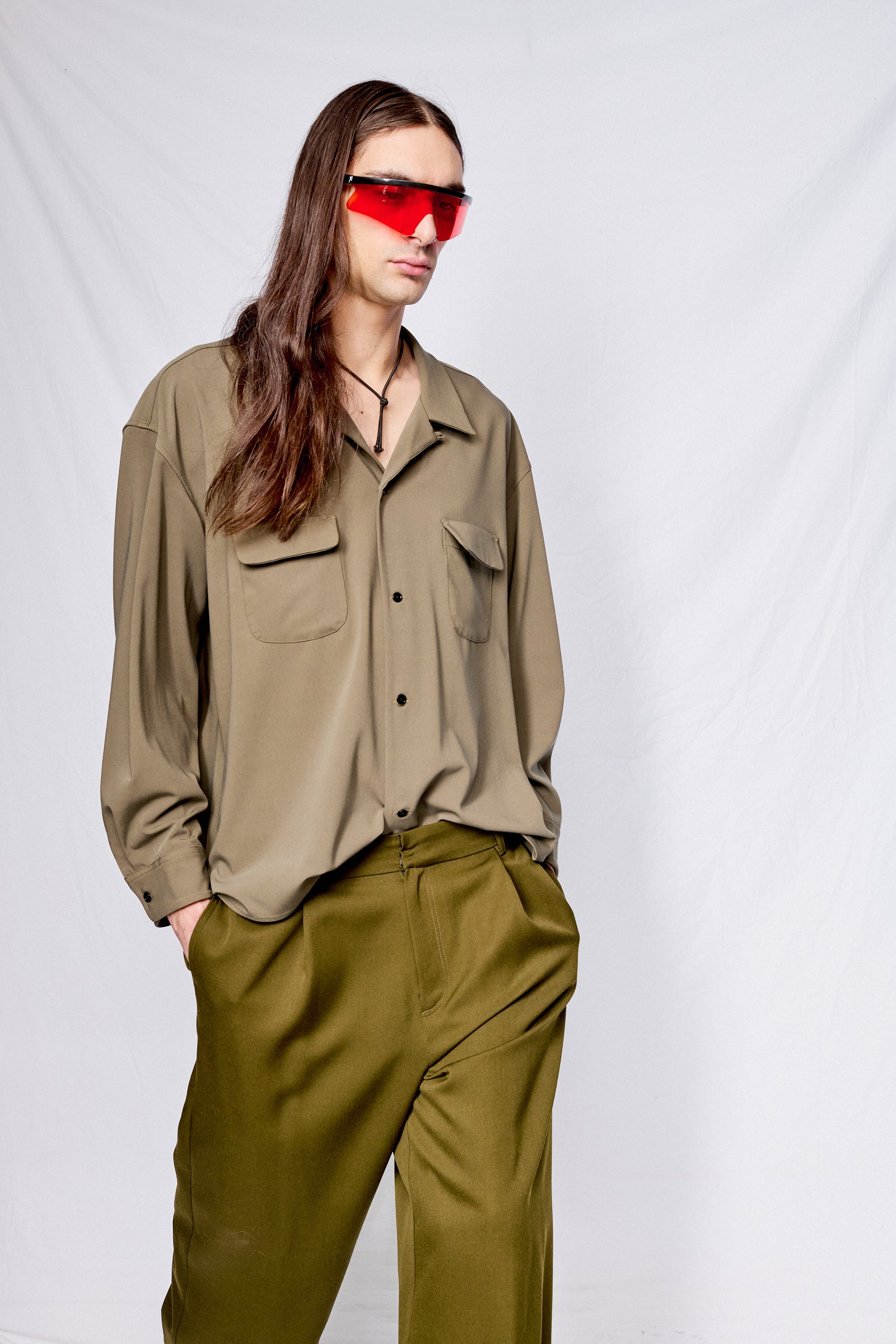 Olive Gabardine Crop Pocket Shirt