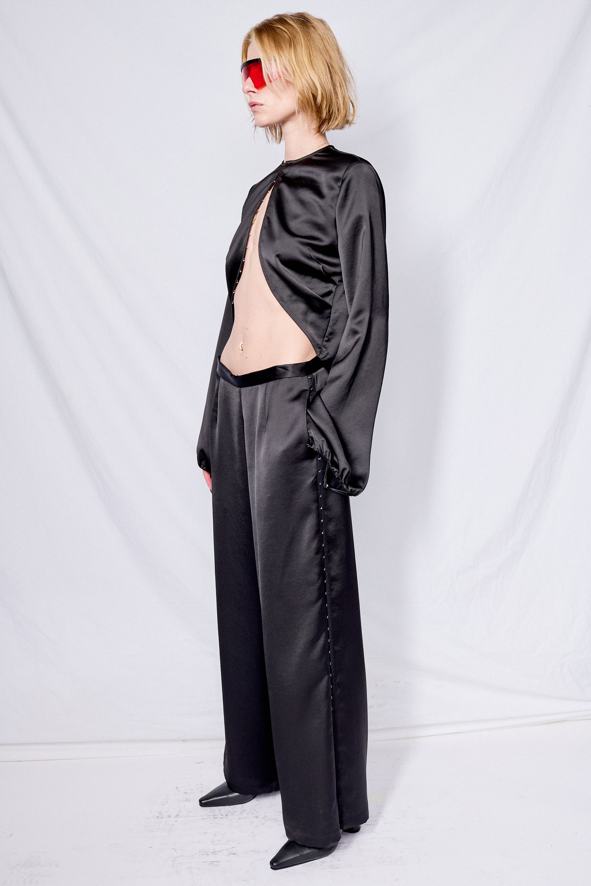 Black Satin Hook Side Clean Pant