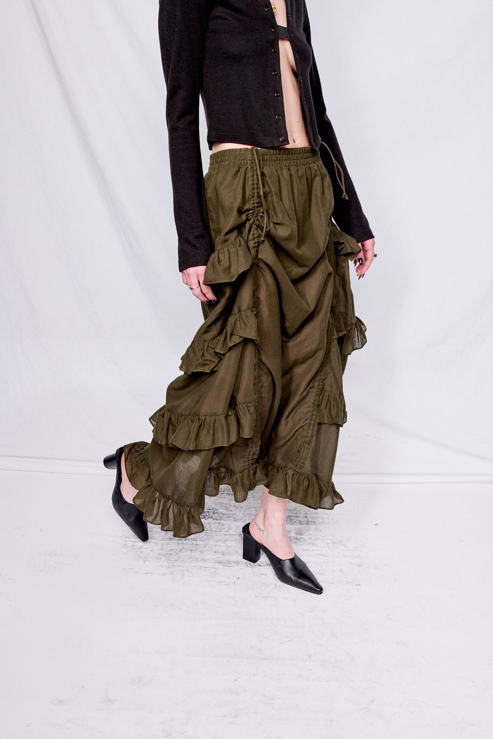 Dark Green Cotton Ruffle Skirt