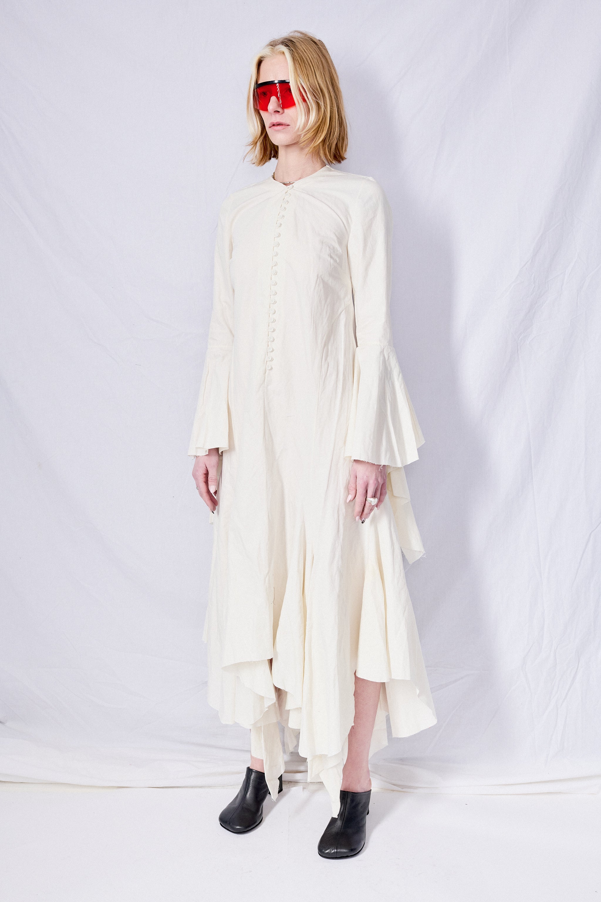 White Wrinkled Cotton Long Handkerchief Dress