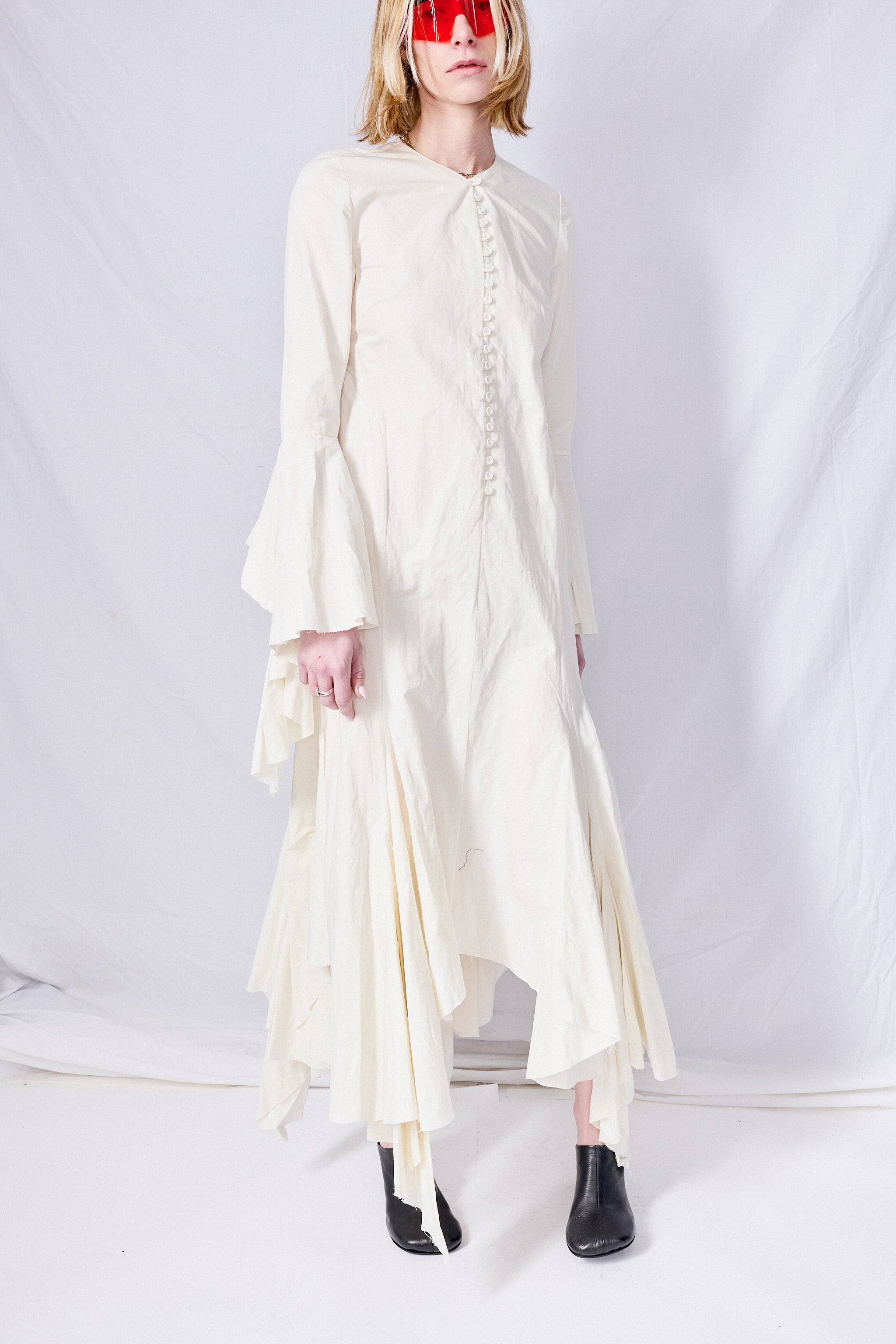 White Wrinkled Cotton Long Handkerchief Dress