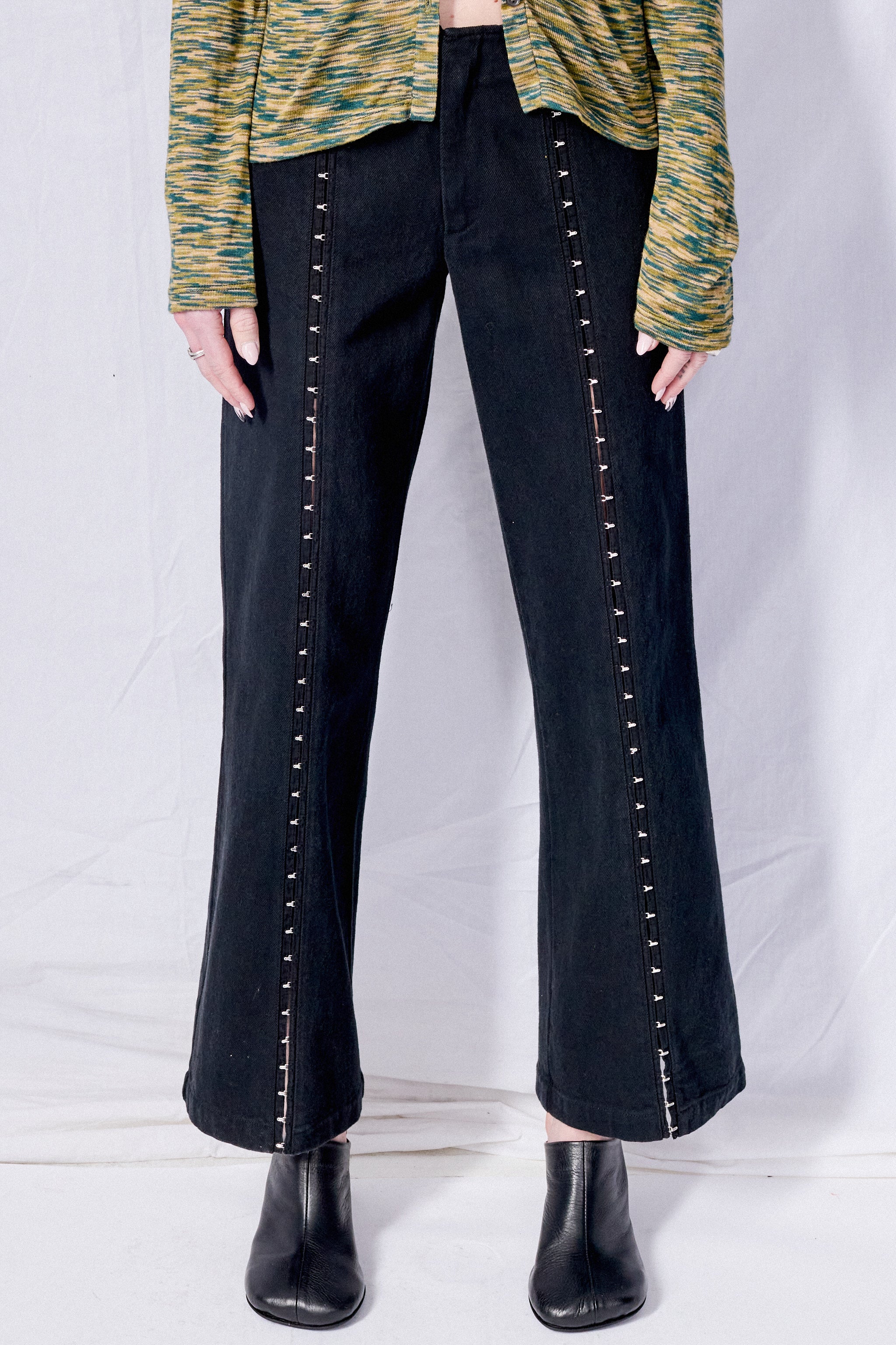 Black Denim Hook Front Flare Pant