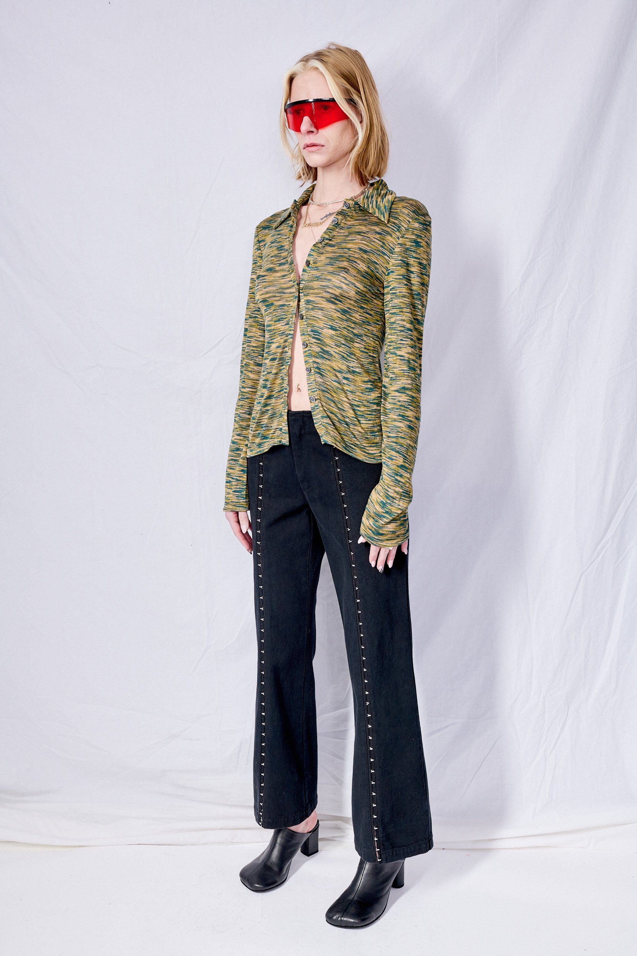 Black Denim Hook Front Flare Pant