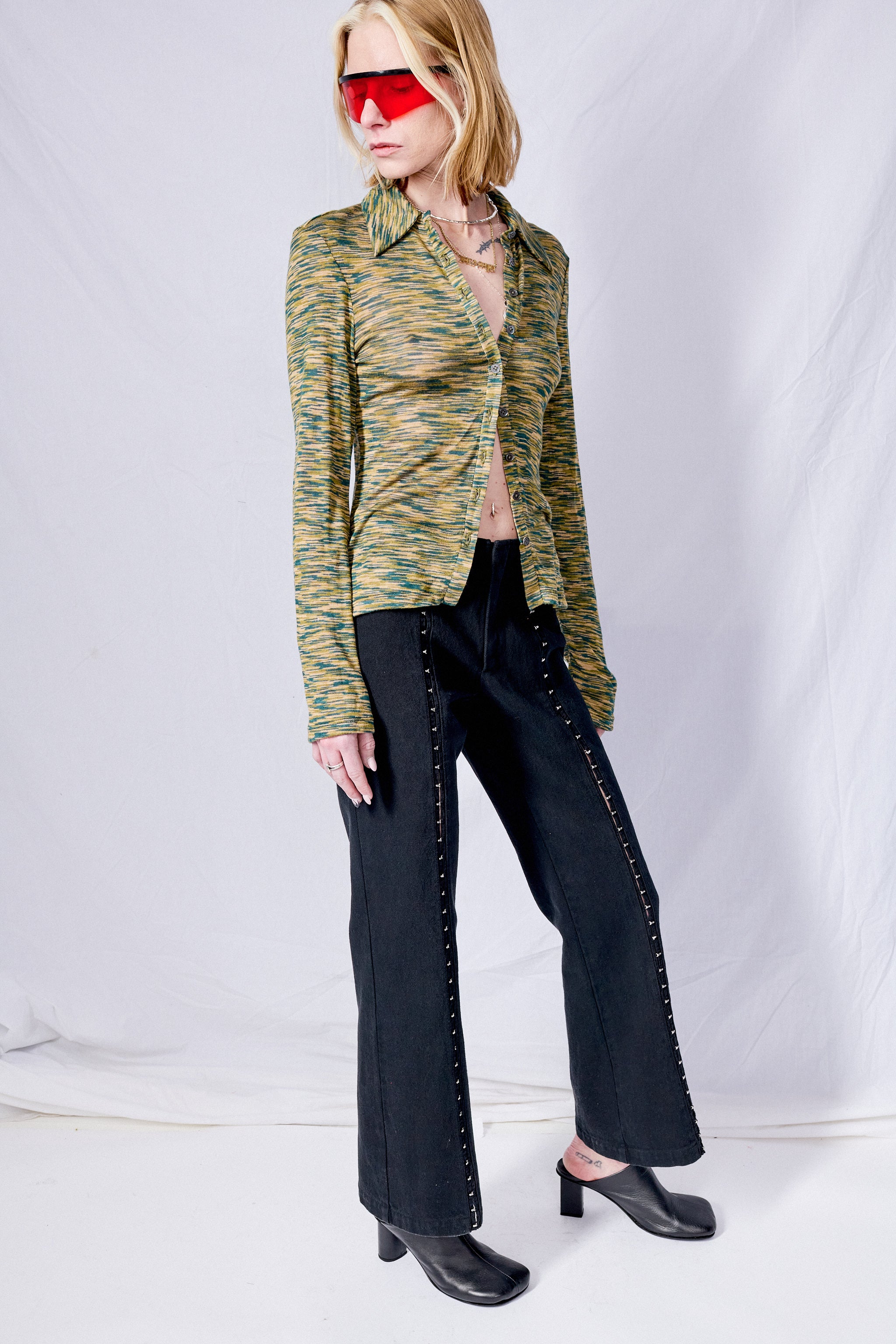 Black Denim Hook Front Flare Pant