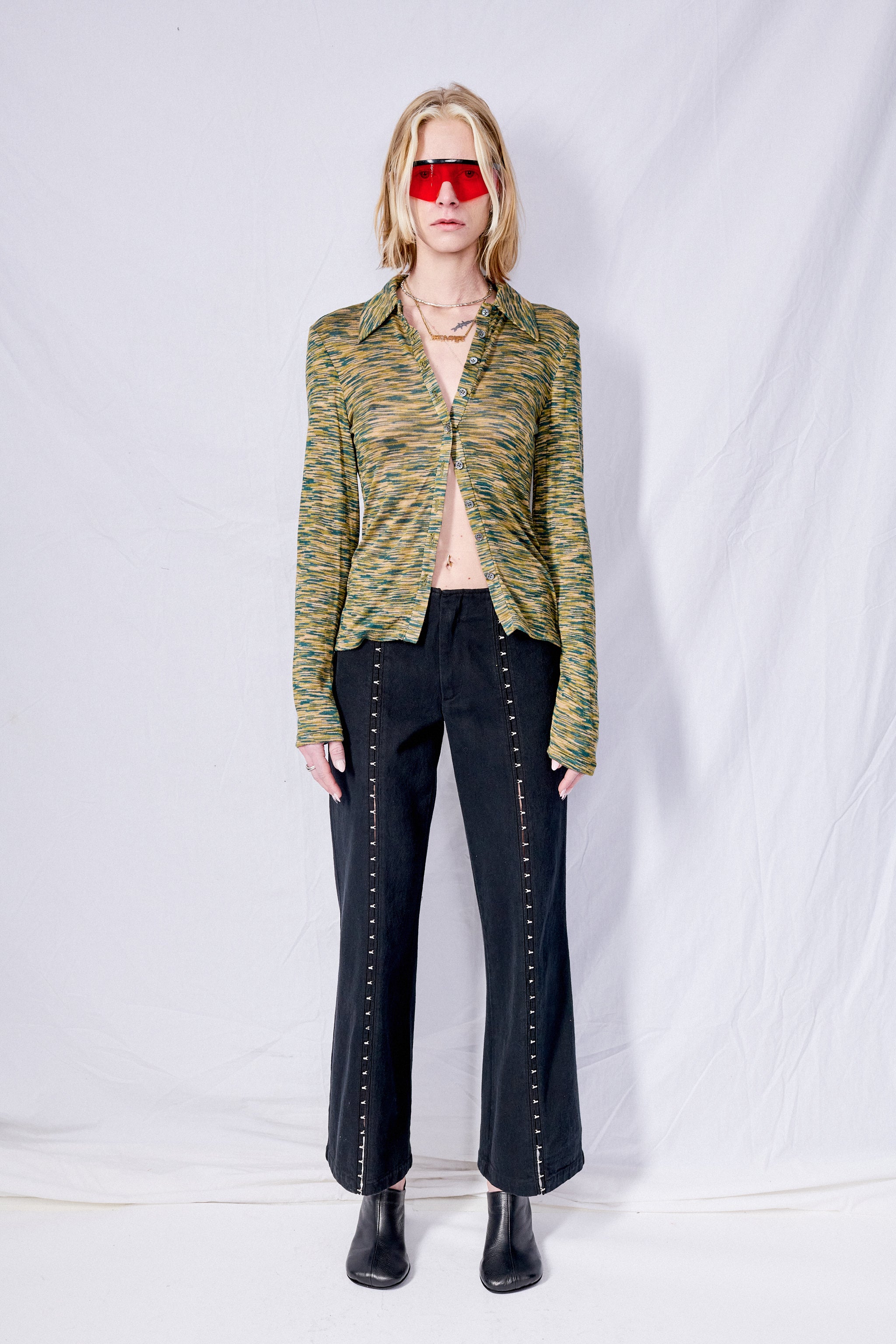 Black Denim Hook Front Flare Pant