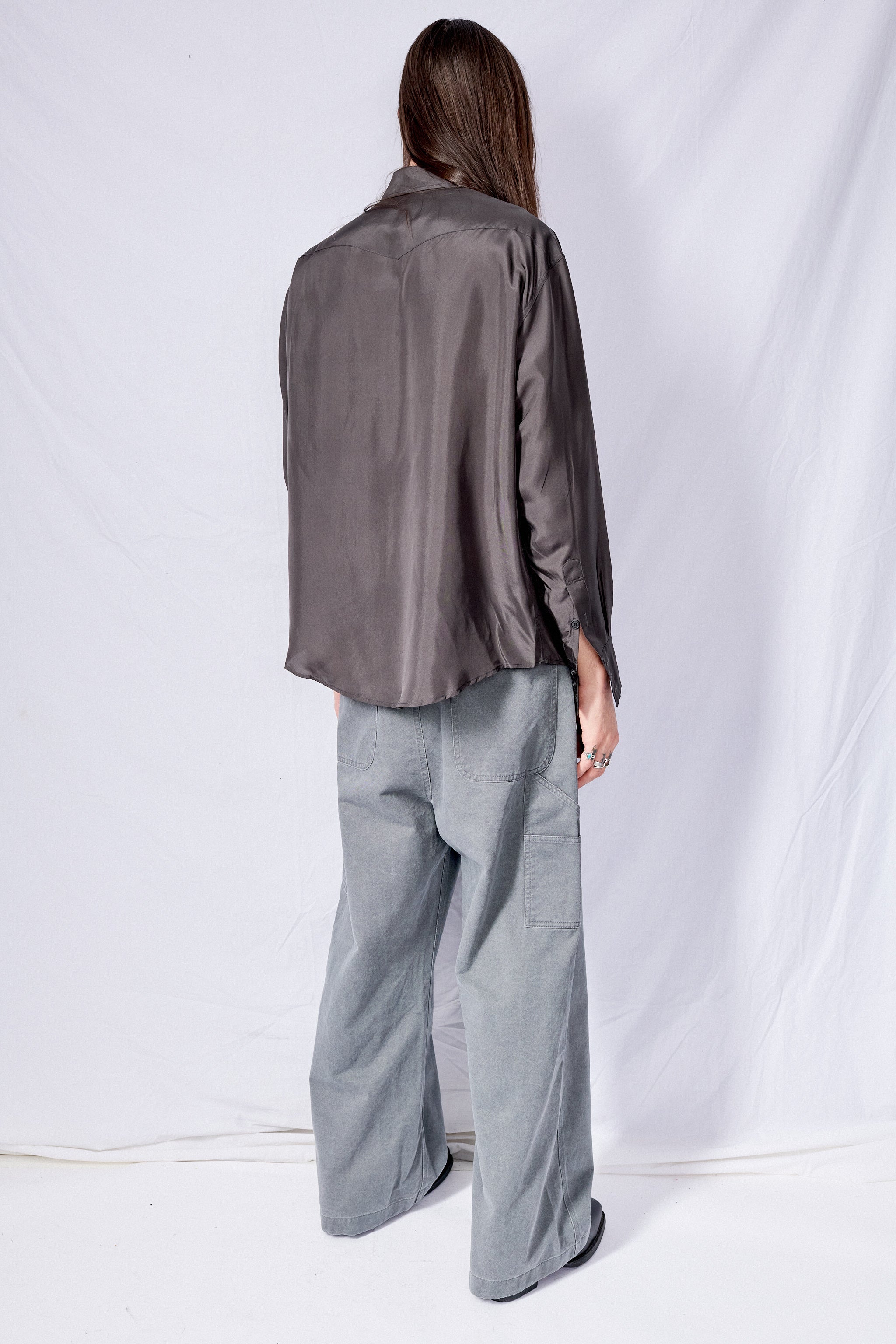 Olive Charcoal Silk Double Pockets Shirt