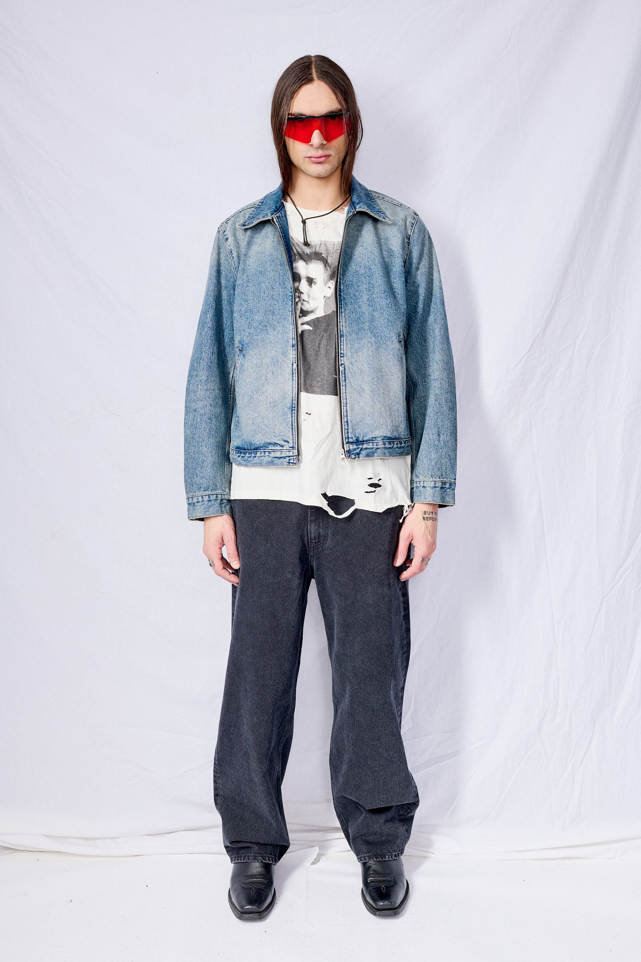 Washed Mid Blue Denim Zippered Jacket