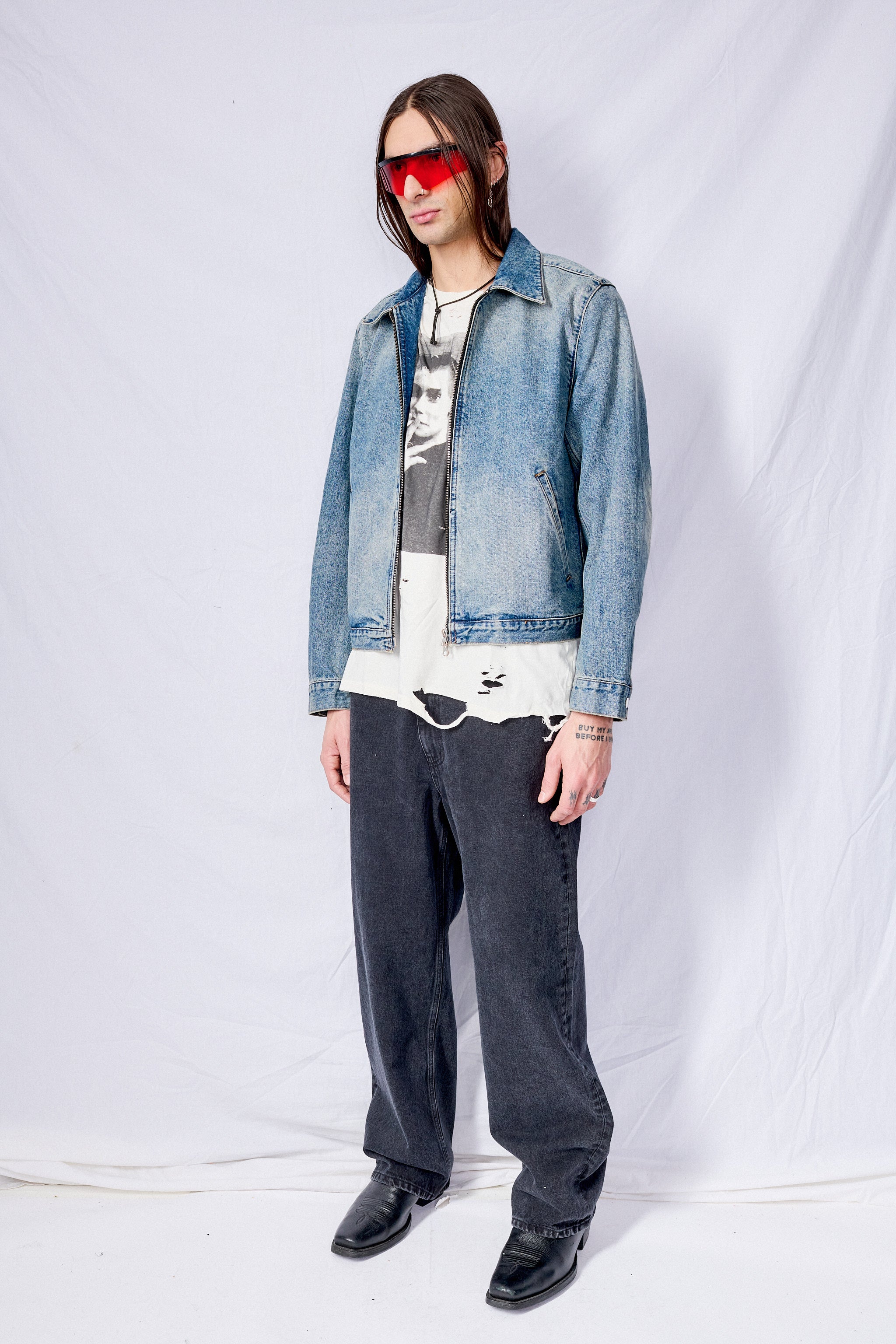 Washed Mid Blue Denim Zippered Jacket