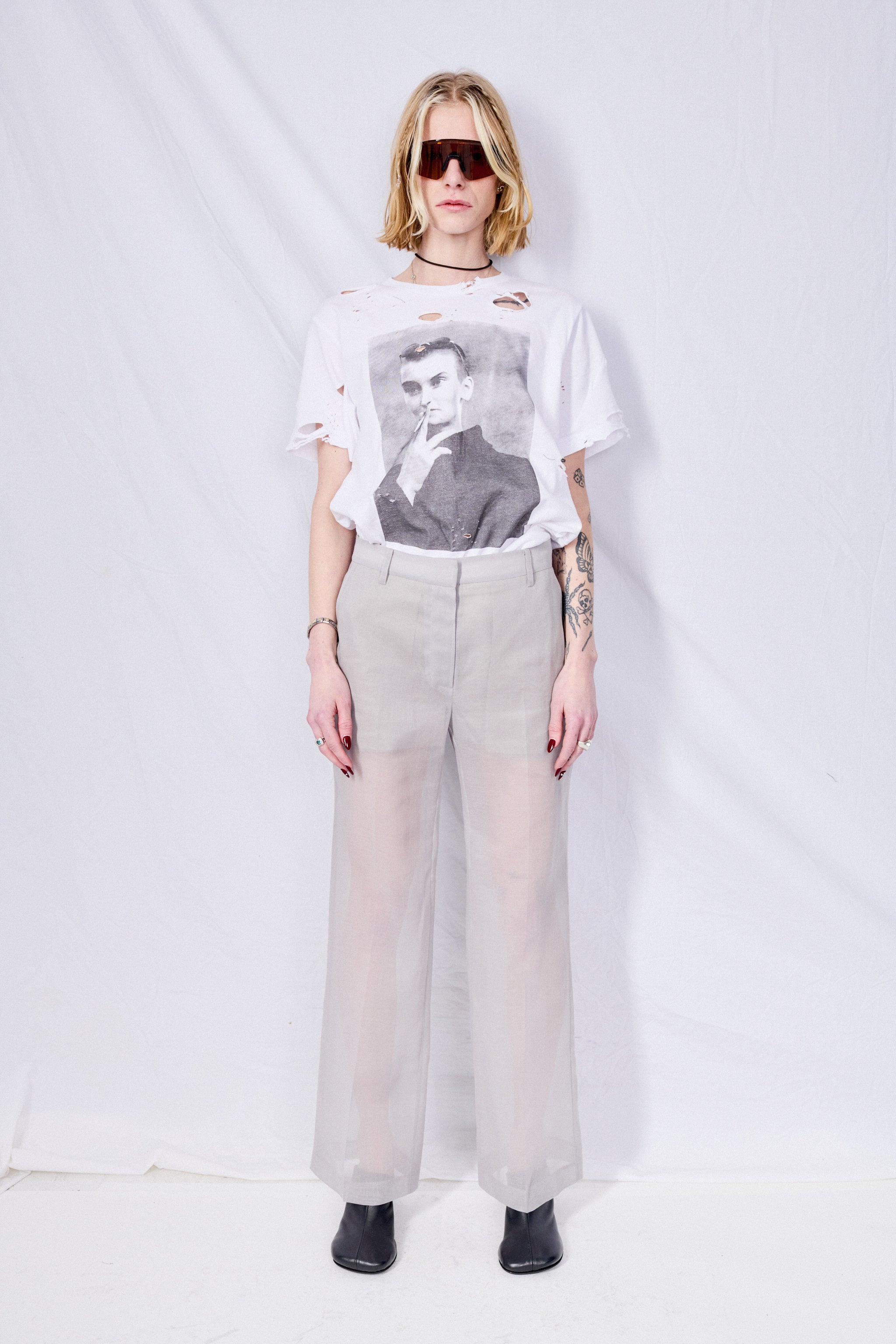 Grey Sheer Straight Fit Pants