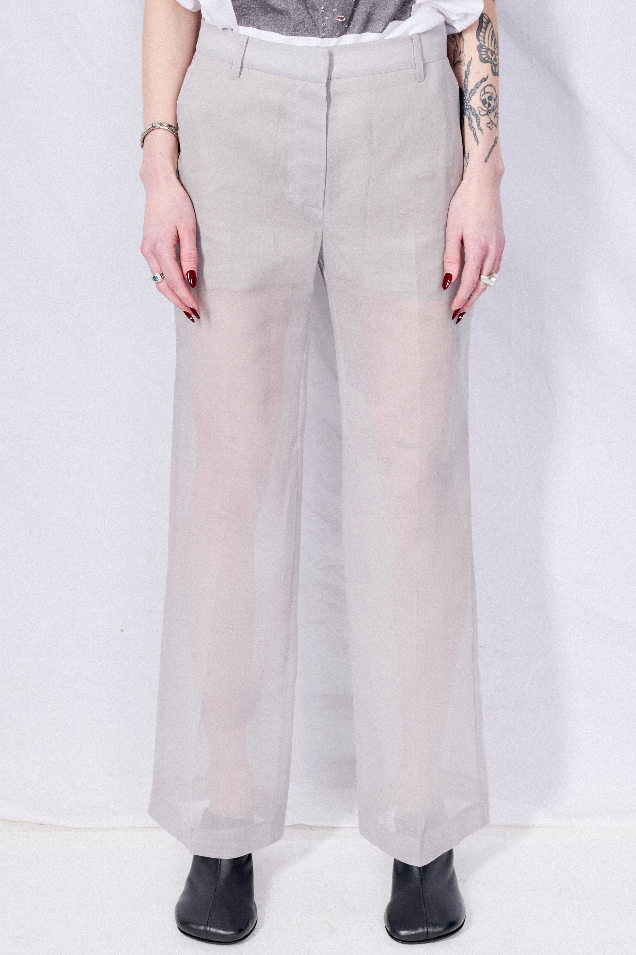 Grey Sheer Straight Fit Pants