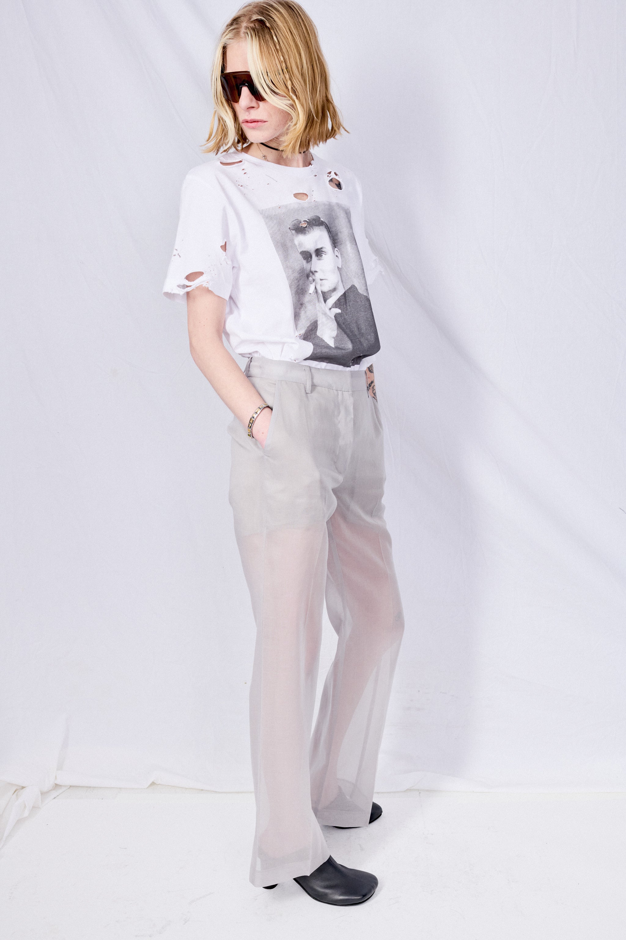 Grey Sheer Straight Fit Pants