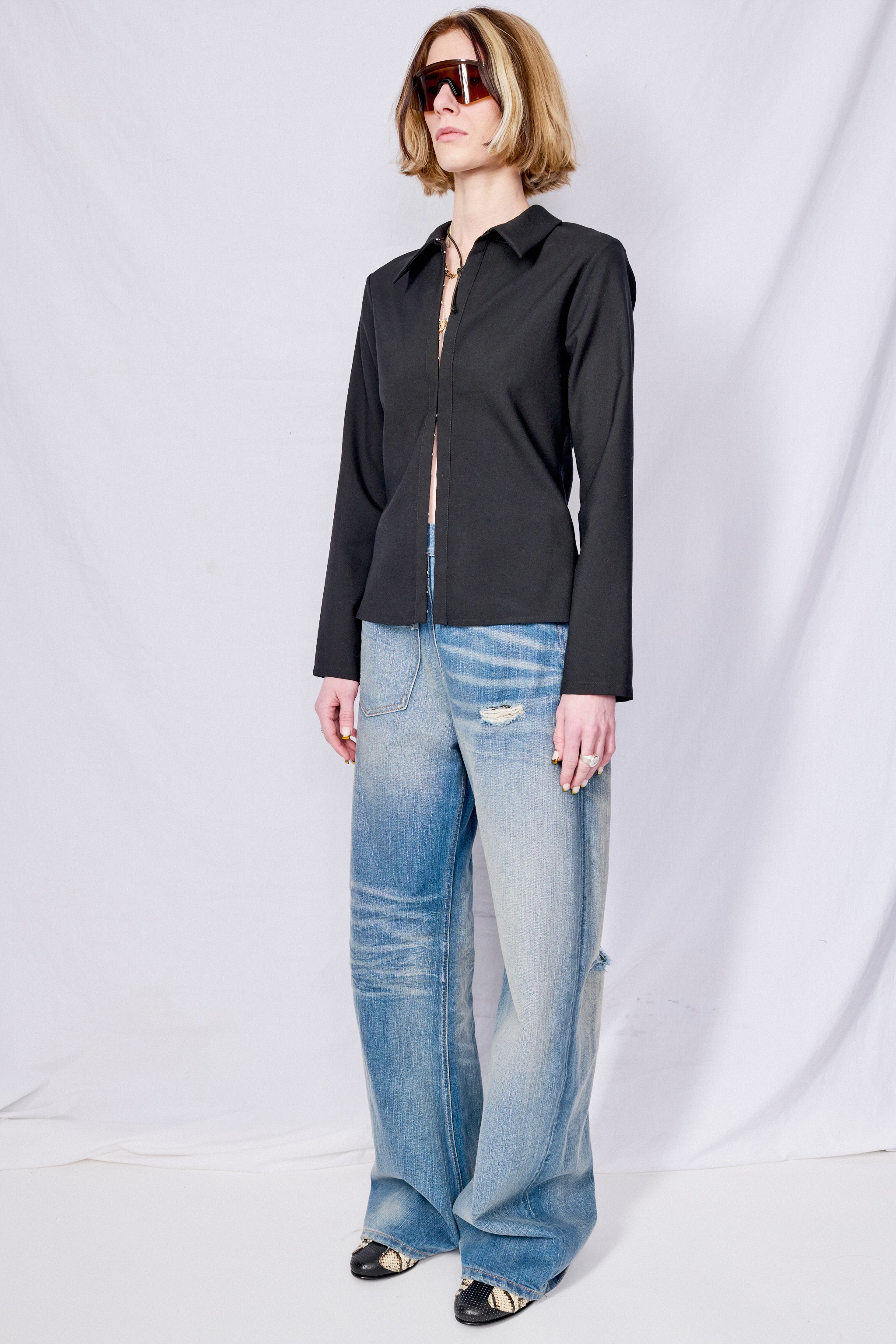 Black Suiting Fitted Button Up