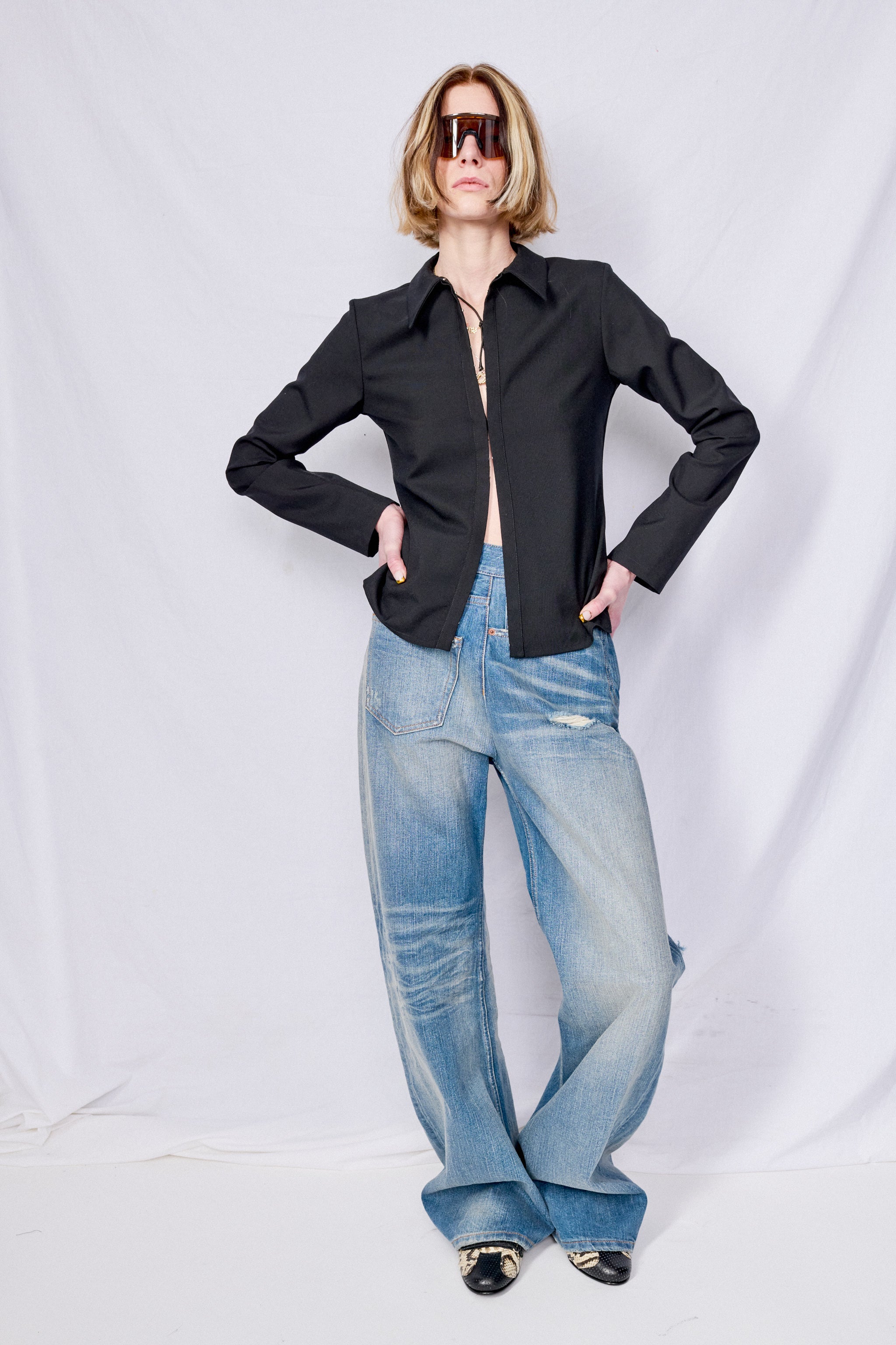 Black Suiting Fitted Button Up